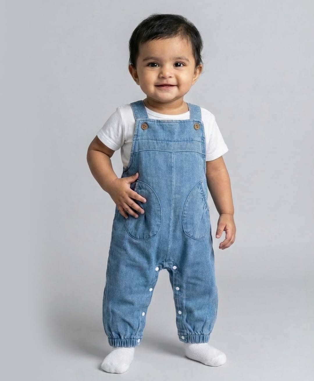 Biglilpeople Cotton Blend Woven Sleeveless Mild Washed Dungaree - Blue-image-4