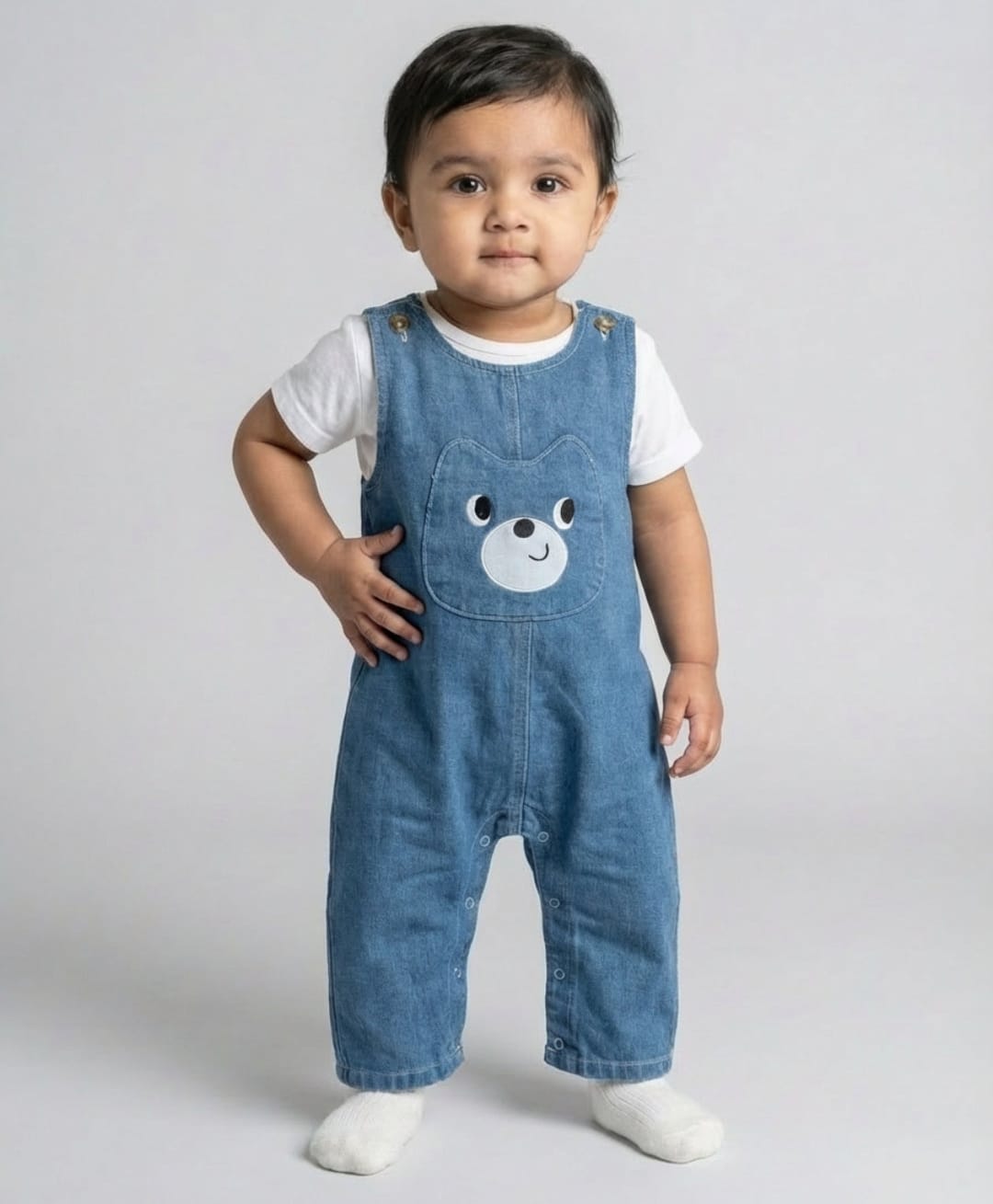 Biglilpeople Cotton Blend Woven Sleeveless Animal Embroidered Dungaree - Blue-picture-24
