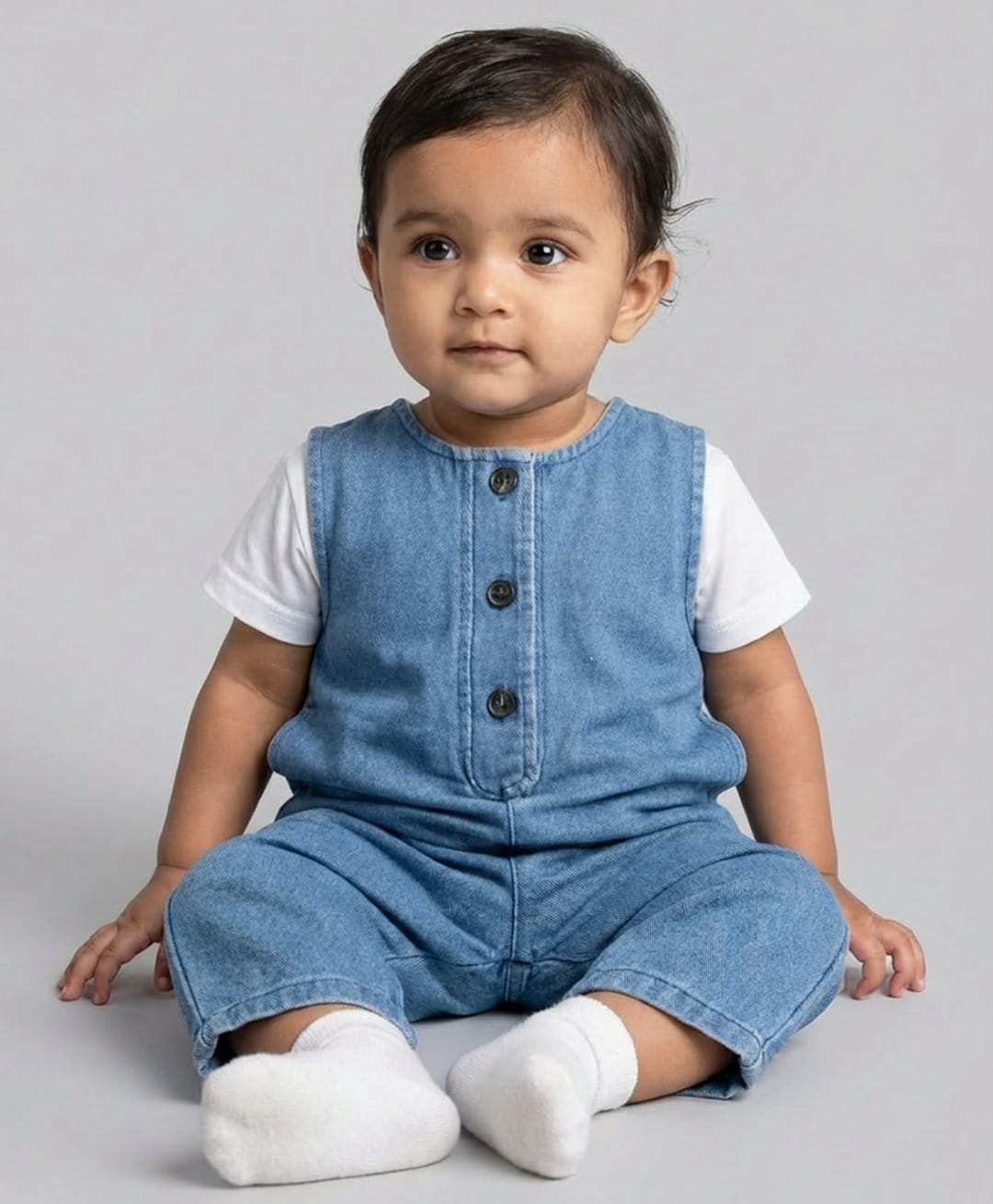 Biglilpeople Cotton Blend Woven Sleeveless Solid Dungaree - Blue-image-4
