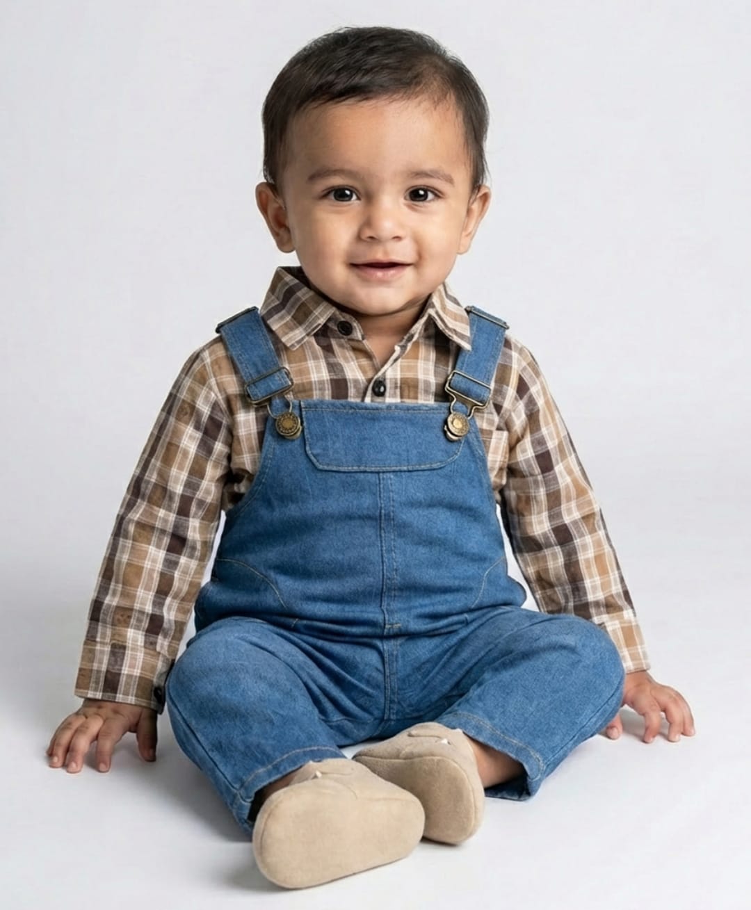 Biglilpeople Cotton Blend Woven Sleeveless Solid Dungaree - Blue-image-3