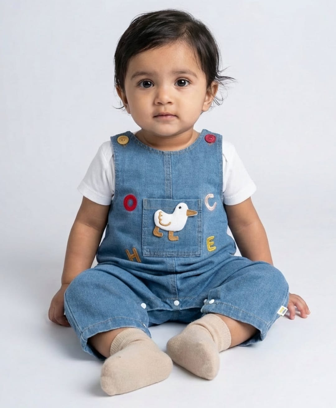 Biglilpeople Cotton Blend Woven Sleeveless Bird Applique Detailed Dungaree - Blue-image-12