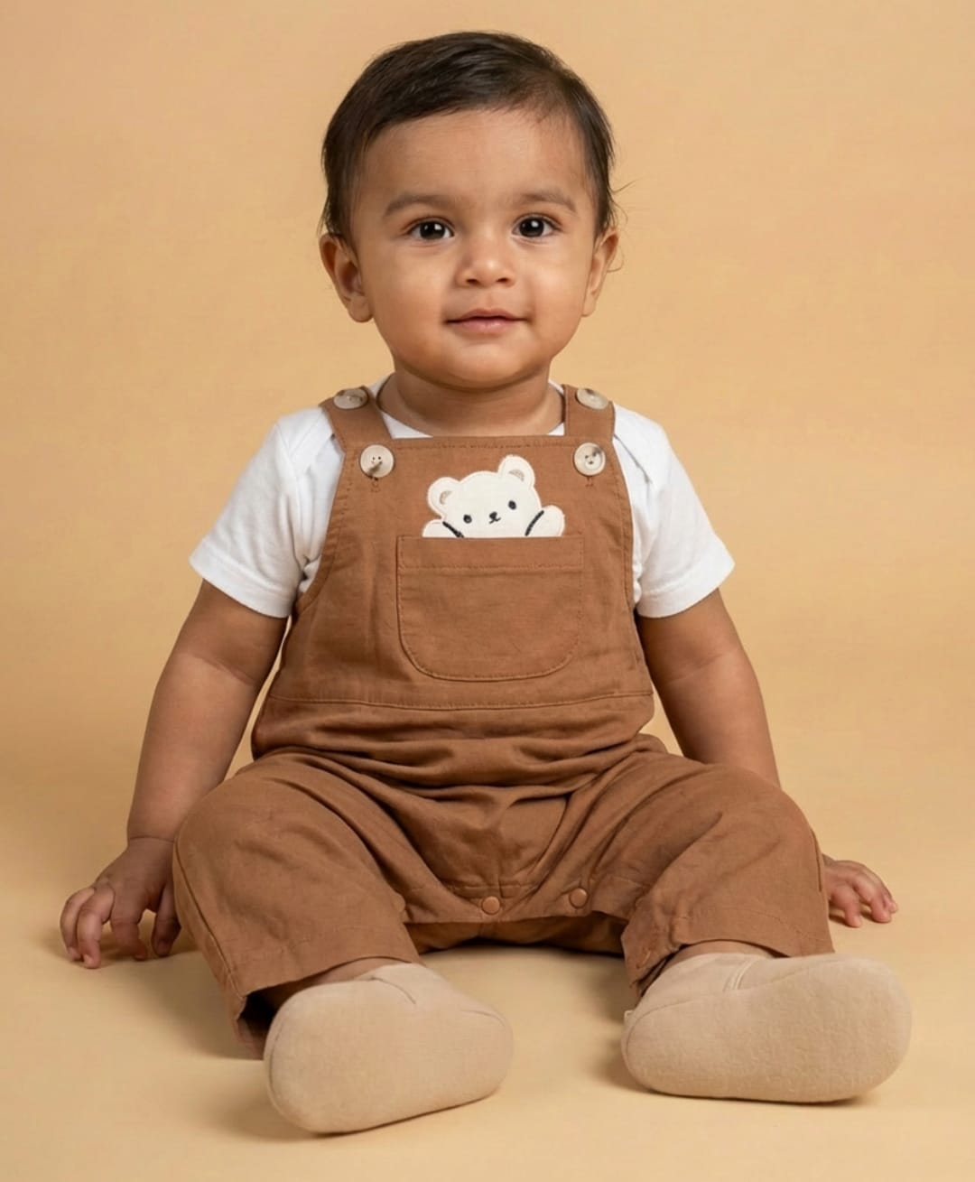 Biglilpeople Cotton Blend Woven Sleeveless Bear Embroidered Solid Dungaree - Brown-picture-12
