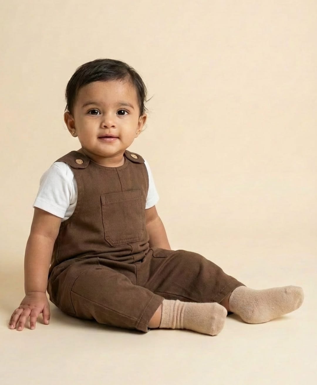Biglilpeople Cotton Blend Woven Sleeveless Solid Dungaree - Coffee Brown-image-2