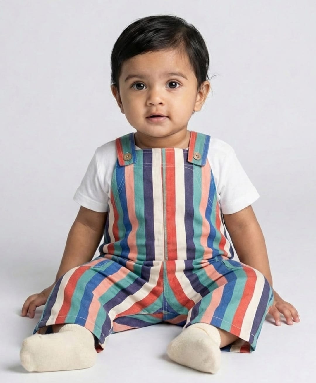 Biglilpeople Cotton Blend Woven Sleeveless Striped Dungaree - Multi Colour-picture-12