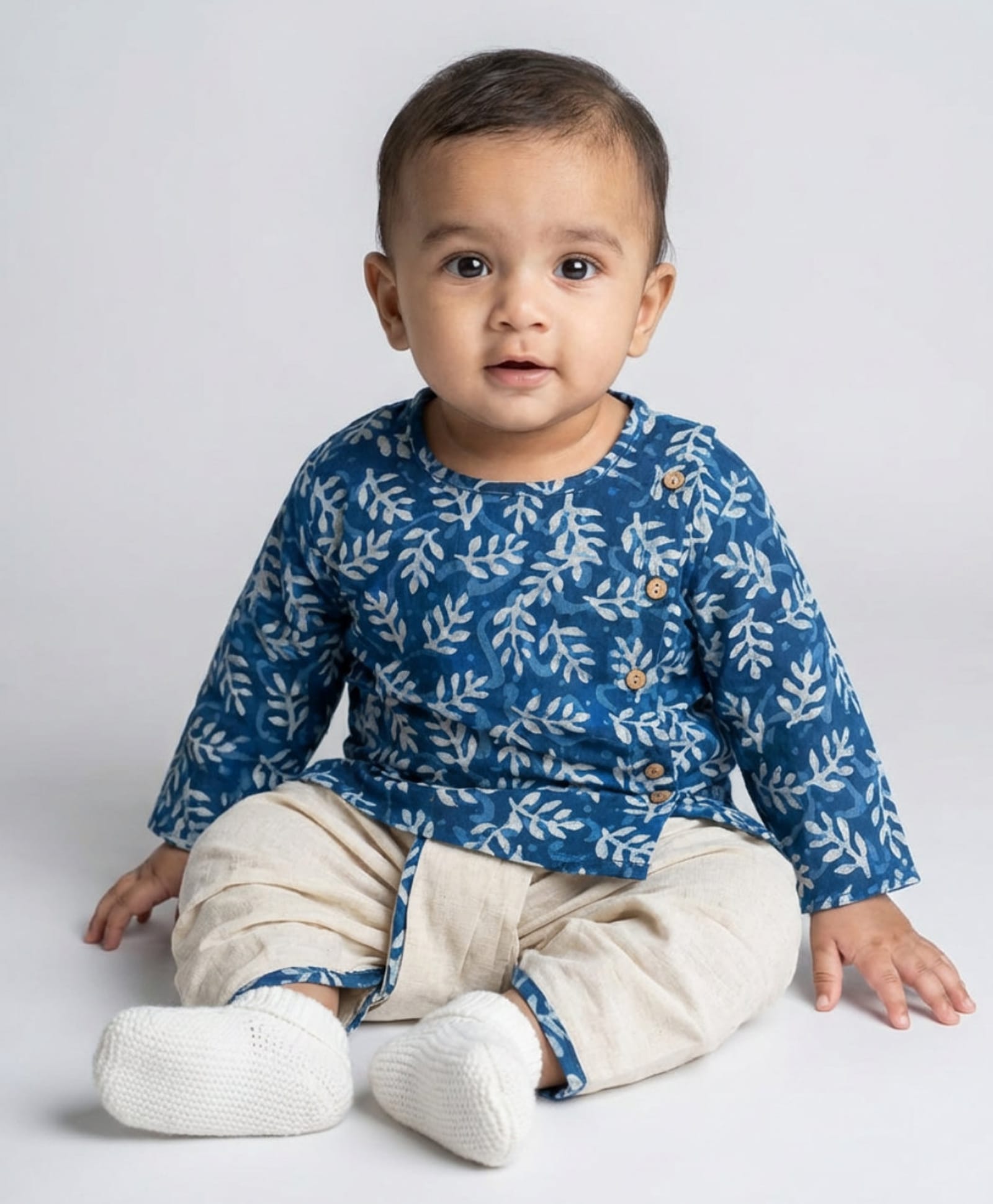 Biglilpeople Cotton Woven Full Sleeves Leaves Printed Kurta & Dhoti Set - Blue-image-22