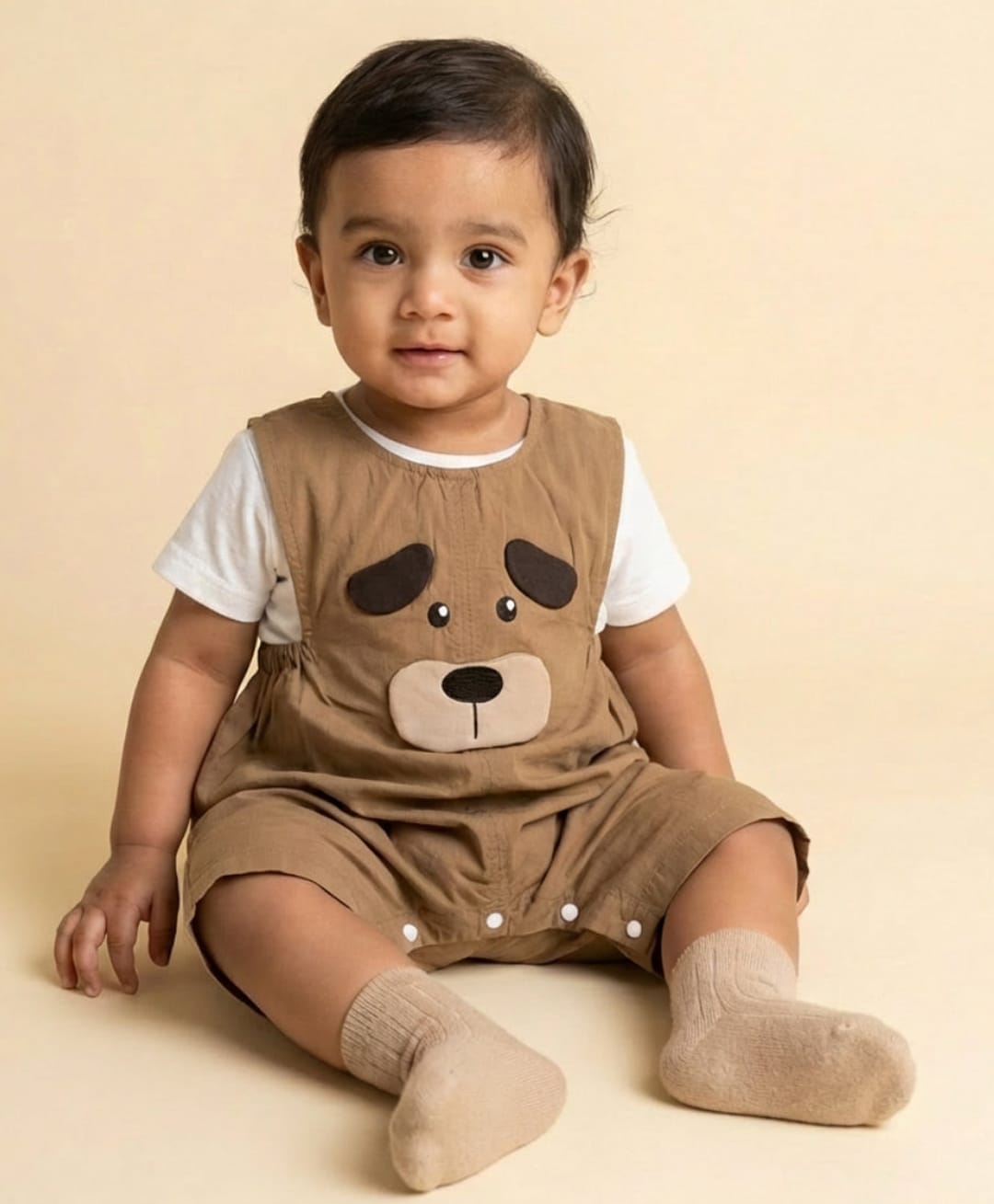 Biglilpeople Cotton Blend Woven Sleeveless Dog Applique Detailed Dungaree - Coffee-image-20