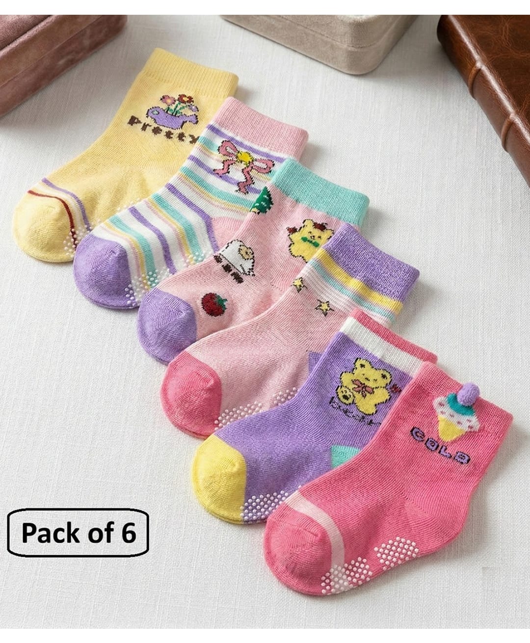 Ziory Cotton Knit Pack Of 6 Striped & Animal Designed Anti Skid Socks - Multi Colour-picture-16