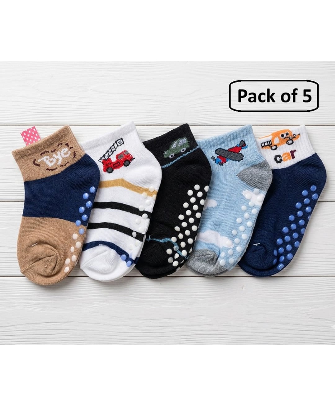 Ziory Cotton Knit Pack Of 5 Striped & Vehicles Designed Anti Skid Socks - Multi Colour-picture-37