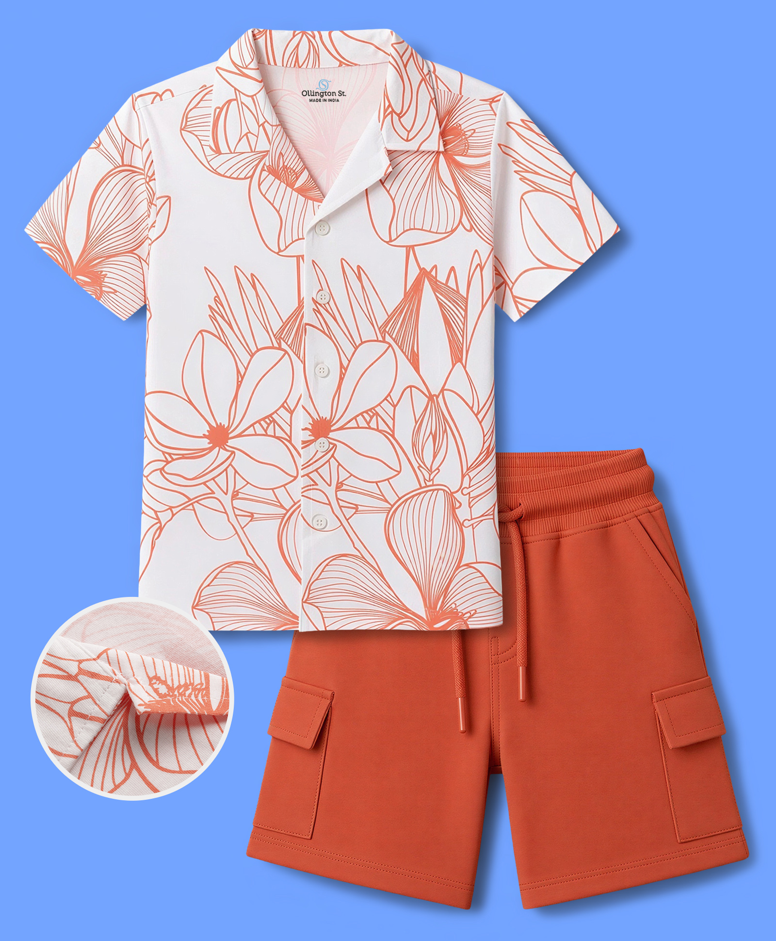 OLLINGTON ST. Sinker Knit Half Sleeves Shirt & Shorts With Floral Print - White-image-40