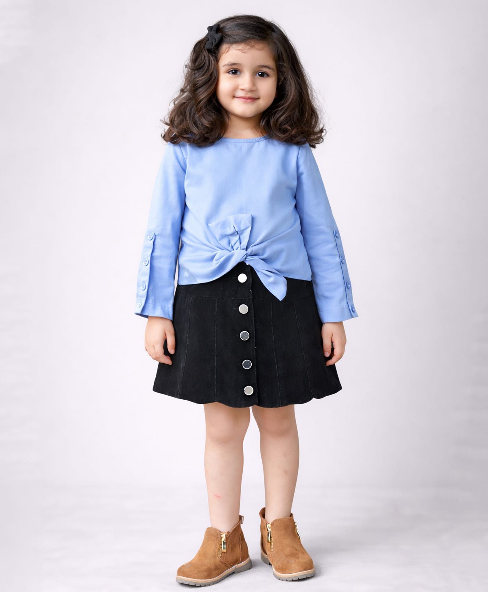 Piccolo Cotton Woven Full Sleeves Solid Top & Skirt Set - Blue-image-45