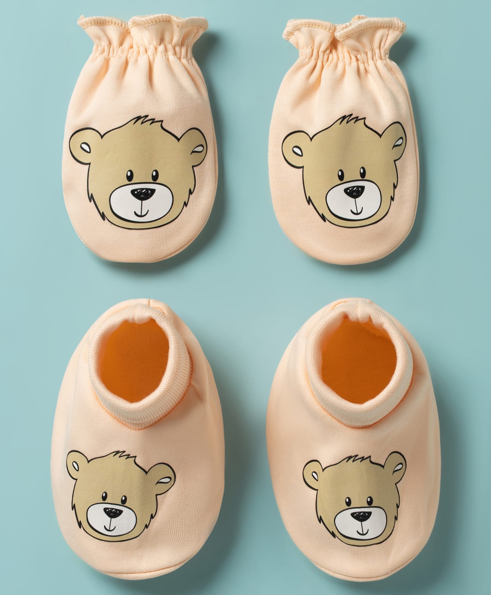 Babyhug 100% Cotton Knit Bear Printed Mittens & Booties Set - Peach-image-33