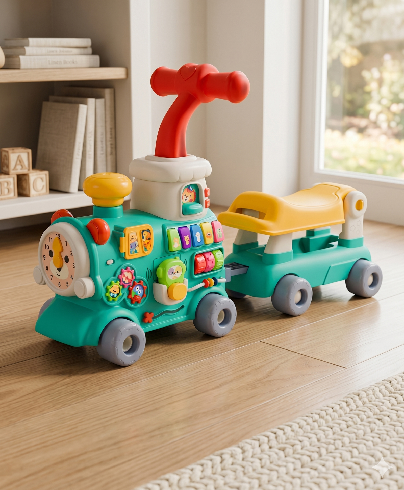 5-in-1 Musical Baby Walker | Push Train Toy with Activity Panel, Steam Exhaust Engine & Detachable Ride-On Trailer | Learning Walker for Kids-Sea Green-image-43