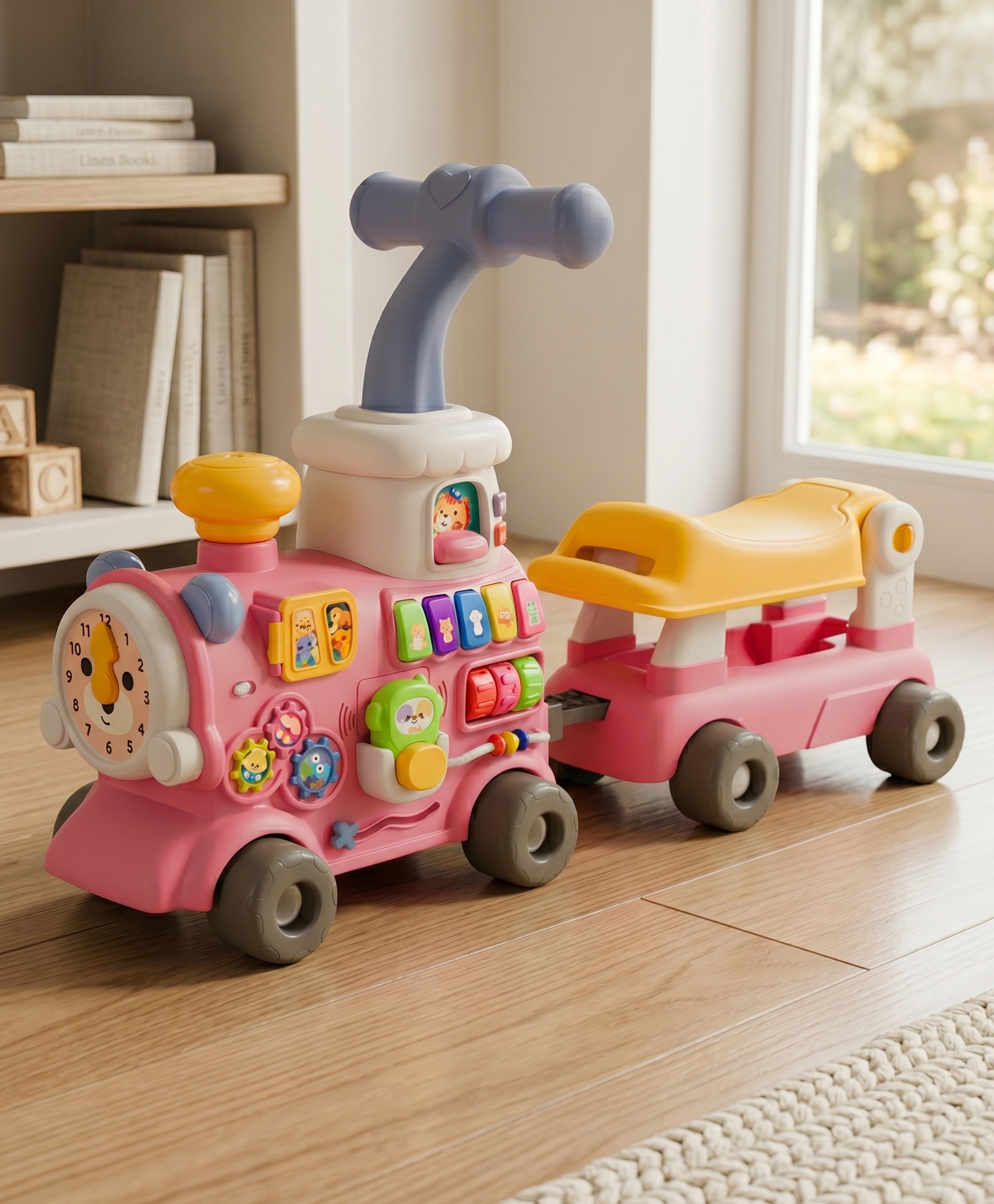 5-in-1 Musical Baby Walker | Push Train Toy with Activity Panel, Steam Exhaust Engine & Detachable Ride-On Trailer | Learning Walker for Kids-Pink-image-15