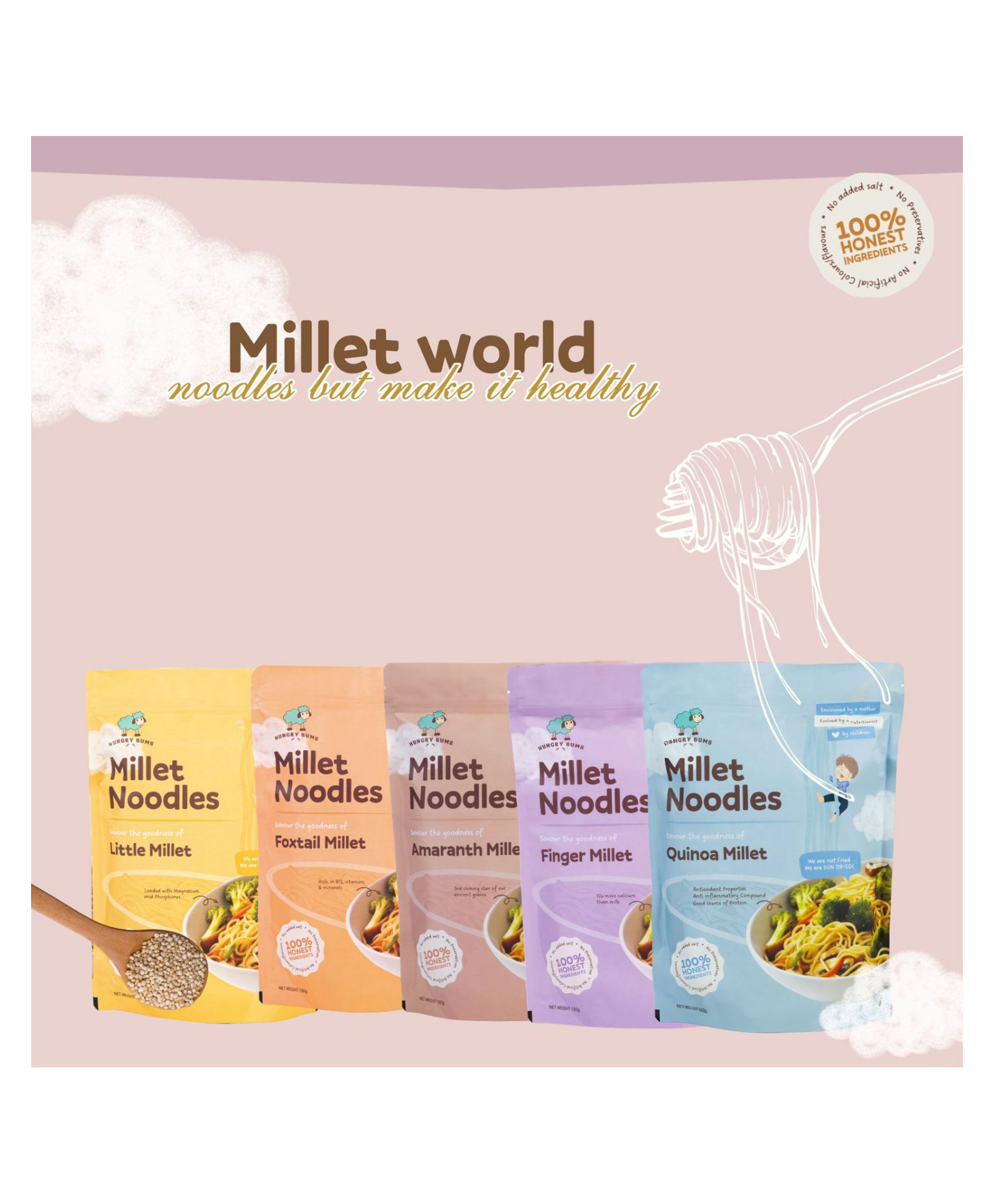 HUNGRYBUMS Assorted Millet Noodles Combo- Healthy Quinoa, Foxtail Millet, Amaranth Millet, Little Millet, Finger Millet Noodles (Pack of 5, 180 g each)-image-32