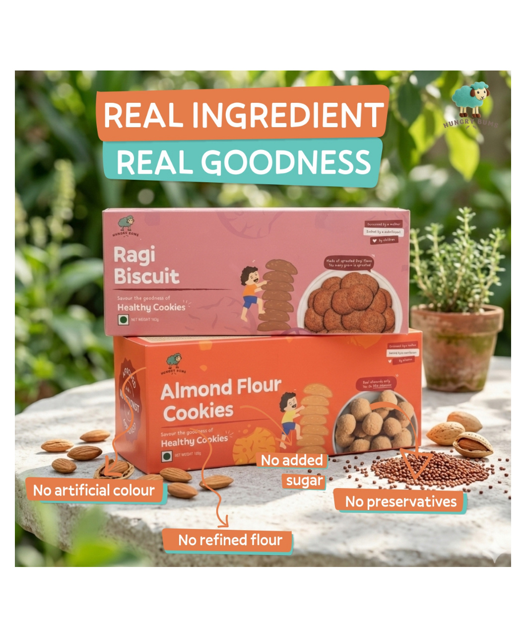 HUNGRYBUMS Ragi & Almond Cookies Combo Pack of 2 - 320 g (20 Cookies)-image-18