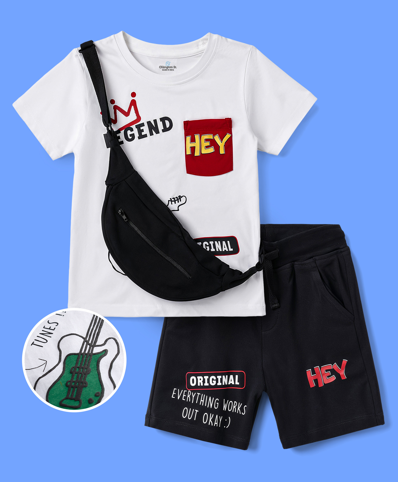 OLLINGTON ST. Cotton Sinker Knit Text Printed Half Sleeves T-Shirt With Fanny Bag & Shorts - White & Black-image-37
