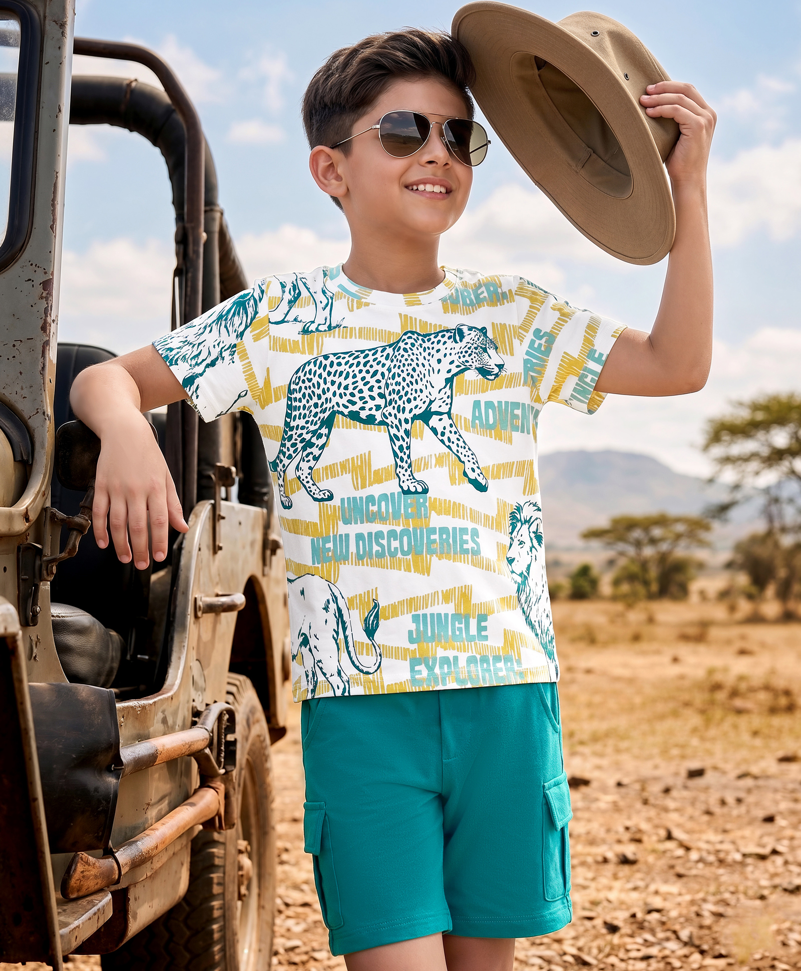 OLLINGTON ST. Sinker Knit Half Sleeves T-Shirt & Shorts Set With Leopard Print - Multicolor-image-3