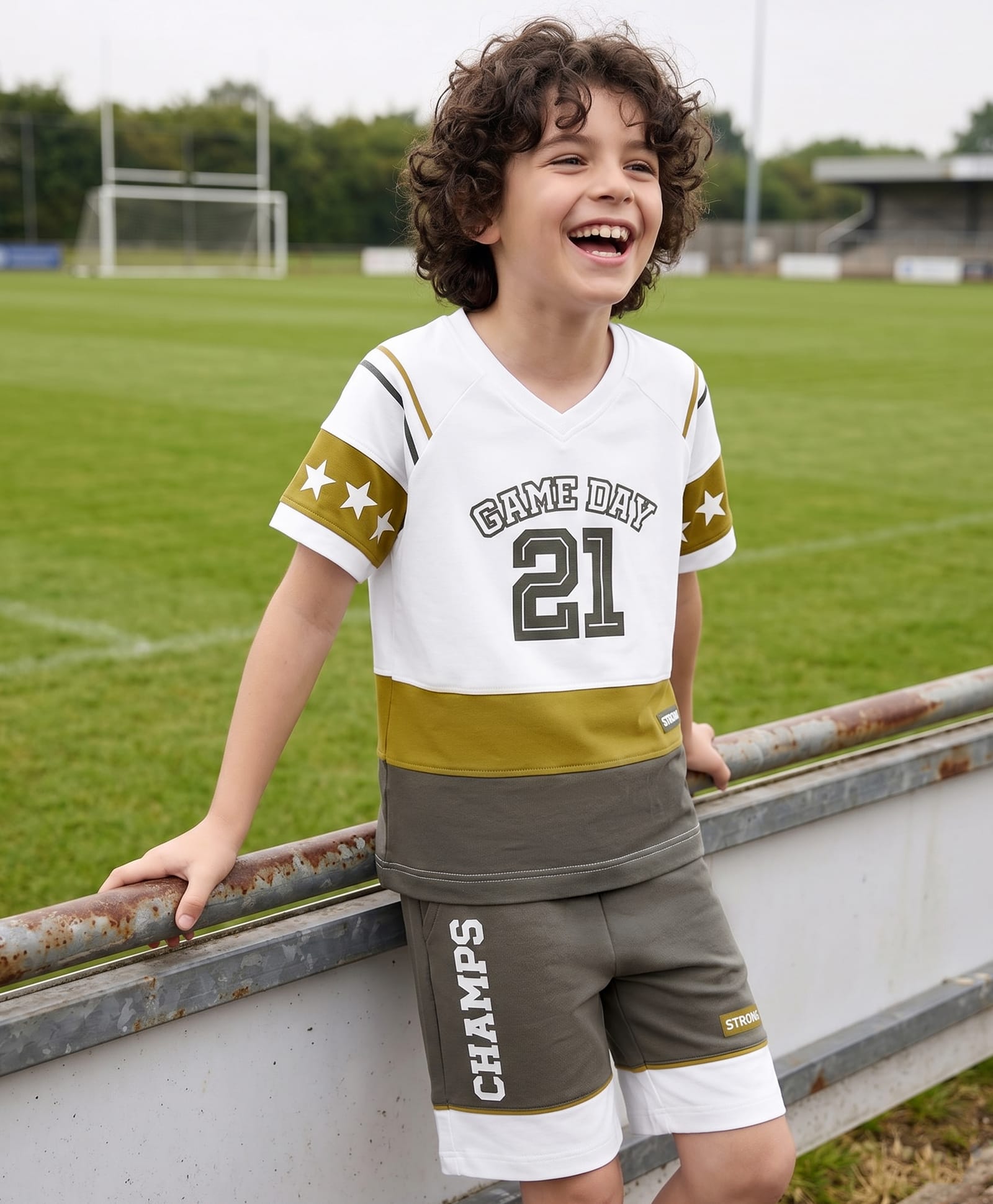OLLINGTON ST. Cotton Knit Raglan Half Sleeves T-Shirt With Text Print & Shorts - Olive Green & Grey-image-19