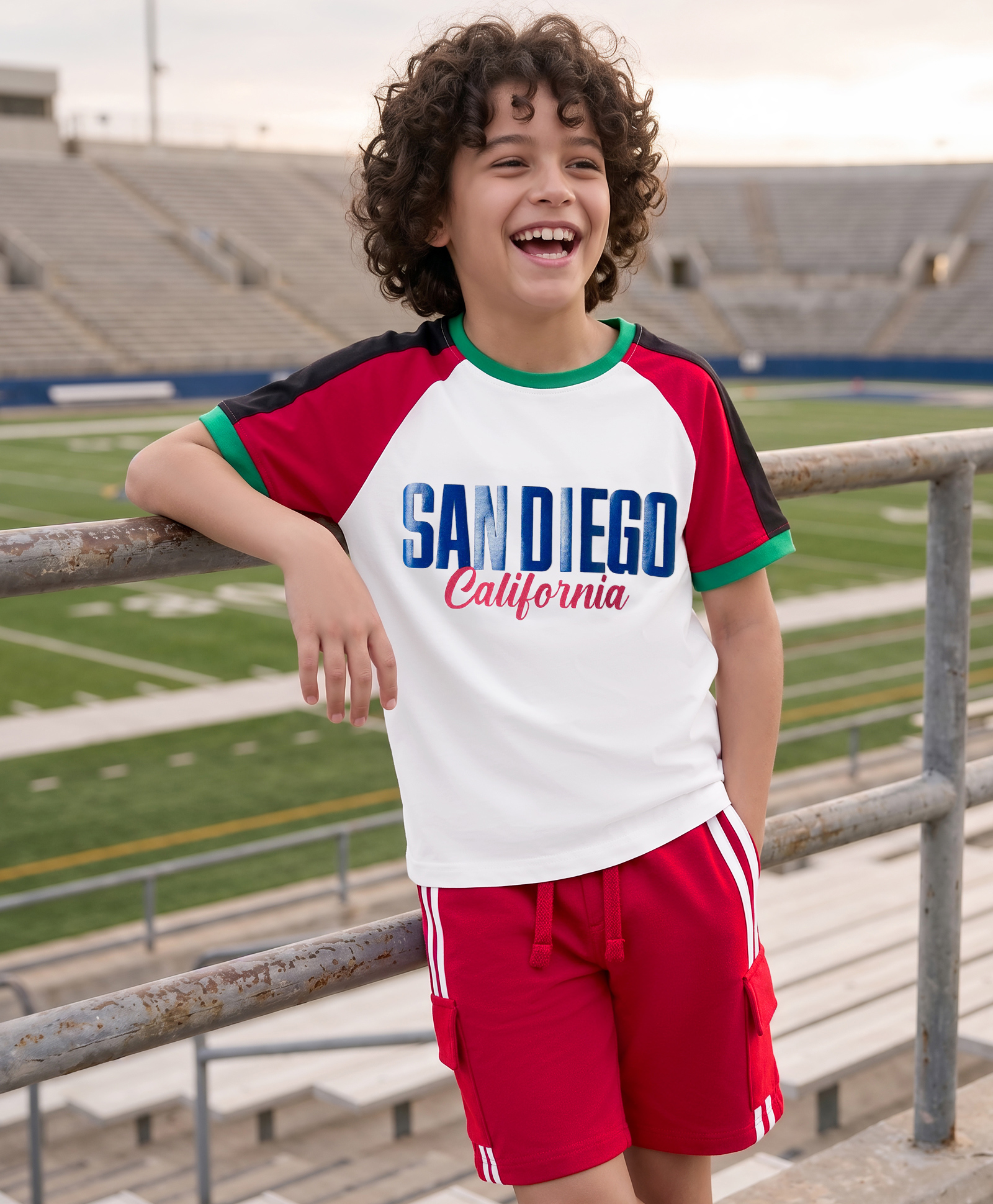OLLINGTON ST. Sinker Knit Raglan Sleeves T-Shirt & Shorts With Text Print - Multicolor-picture-48