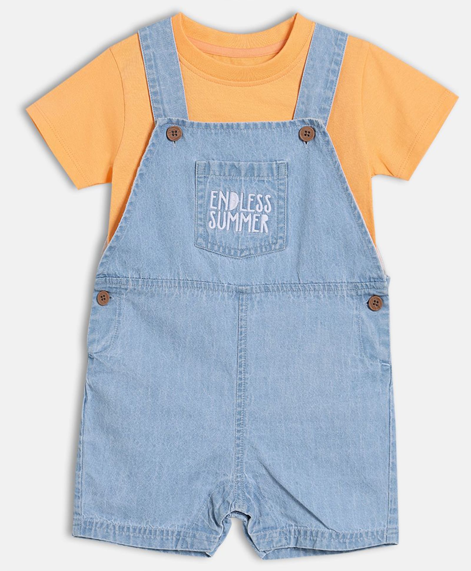 MINI KLUB Cotton Woven Endless Summer Text Embroidered Dungaree With Half Sleeves Solid Tee - Blue & Orange-image-31