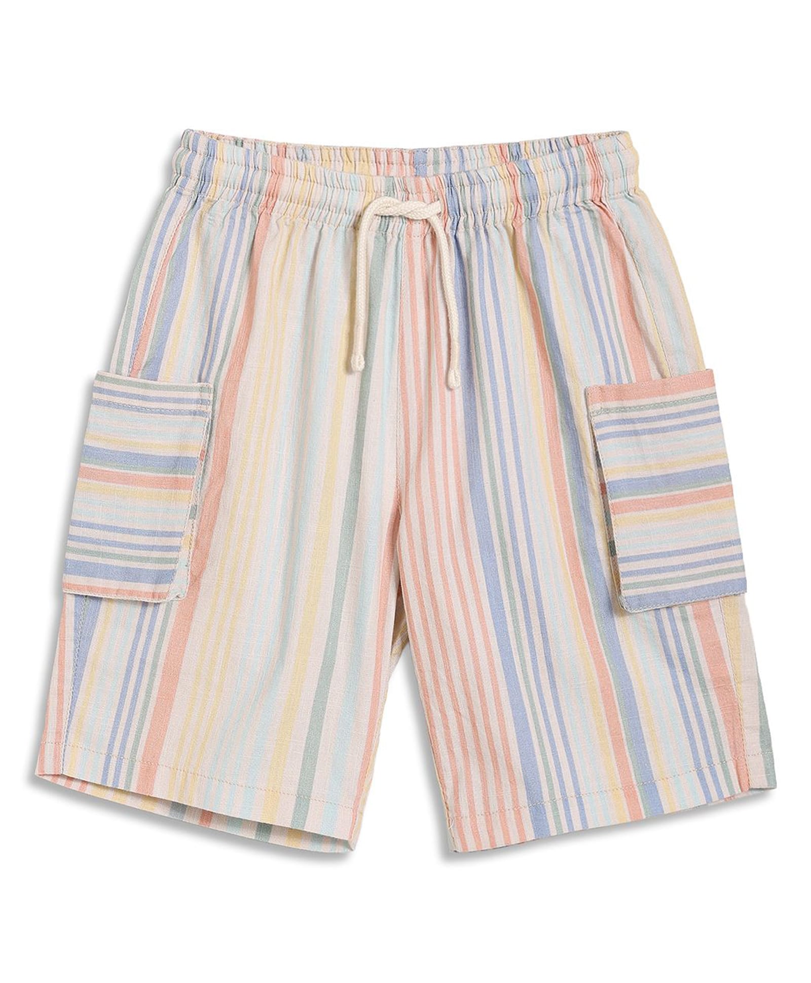 MINI KLUB Cotton Knit Striped Cargo Shorts - Blue & Pink-image-1