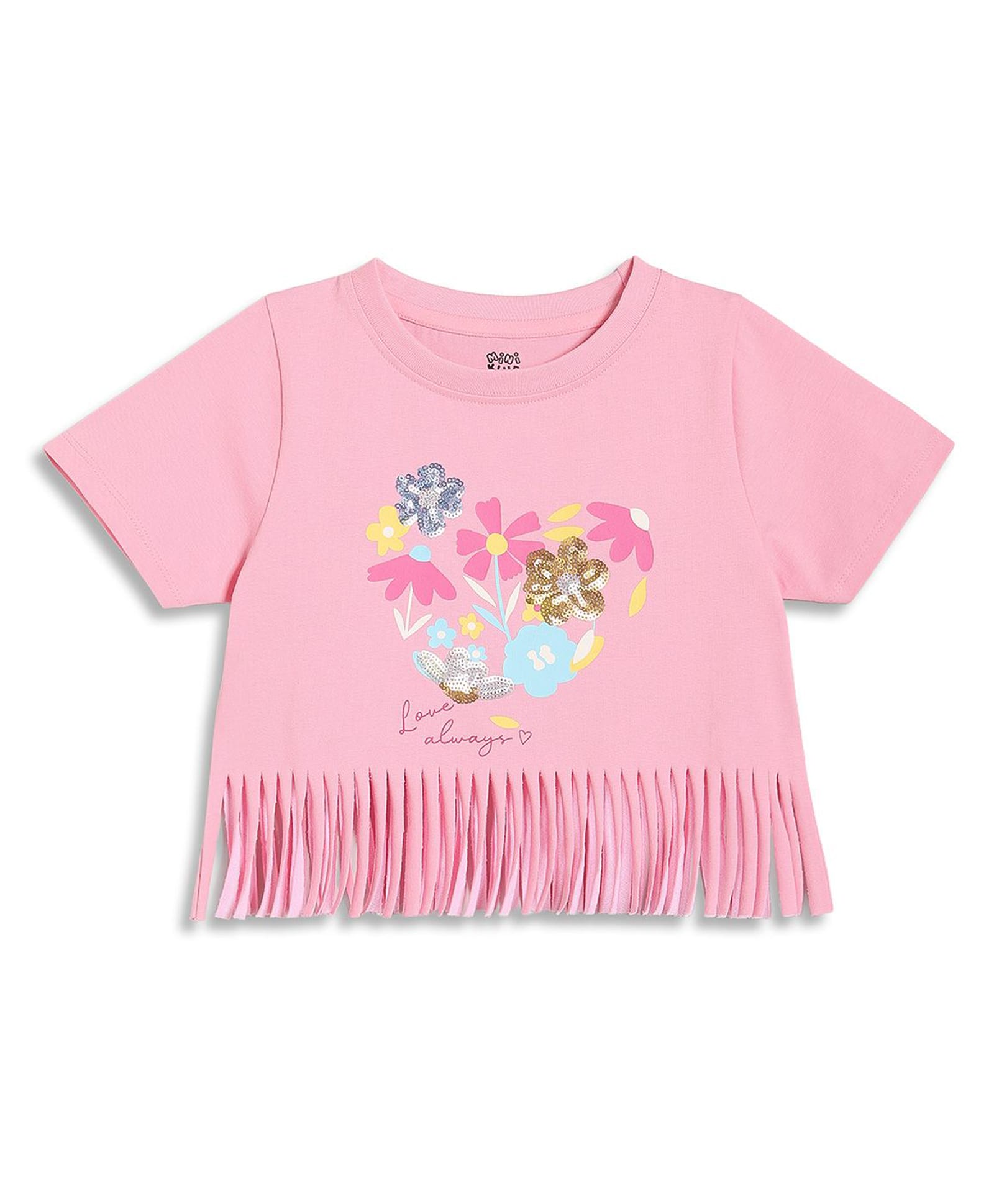MINI KLUB Cotton Knit Half Sleeves Floral Printed Sequins Embellished Top - Pink-image-19