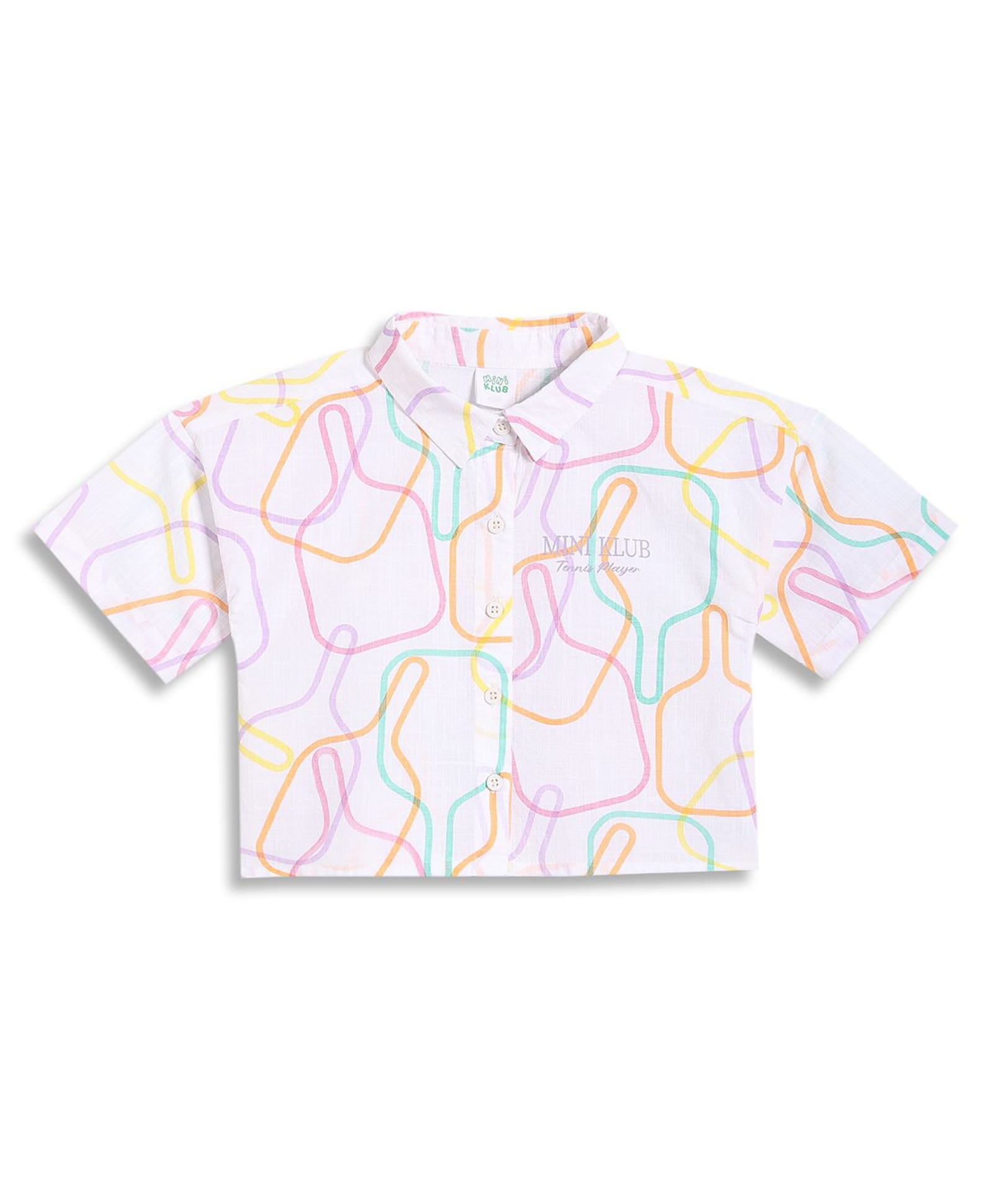 MINI KLUB Cotton Knit Half Sleeves Abstract Printed Shirt Style Top - White-image-34