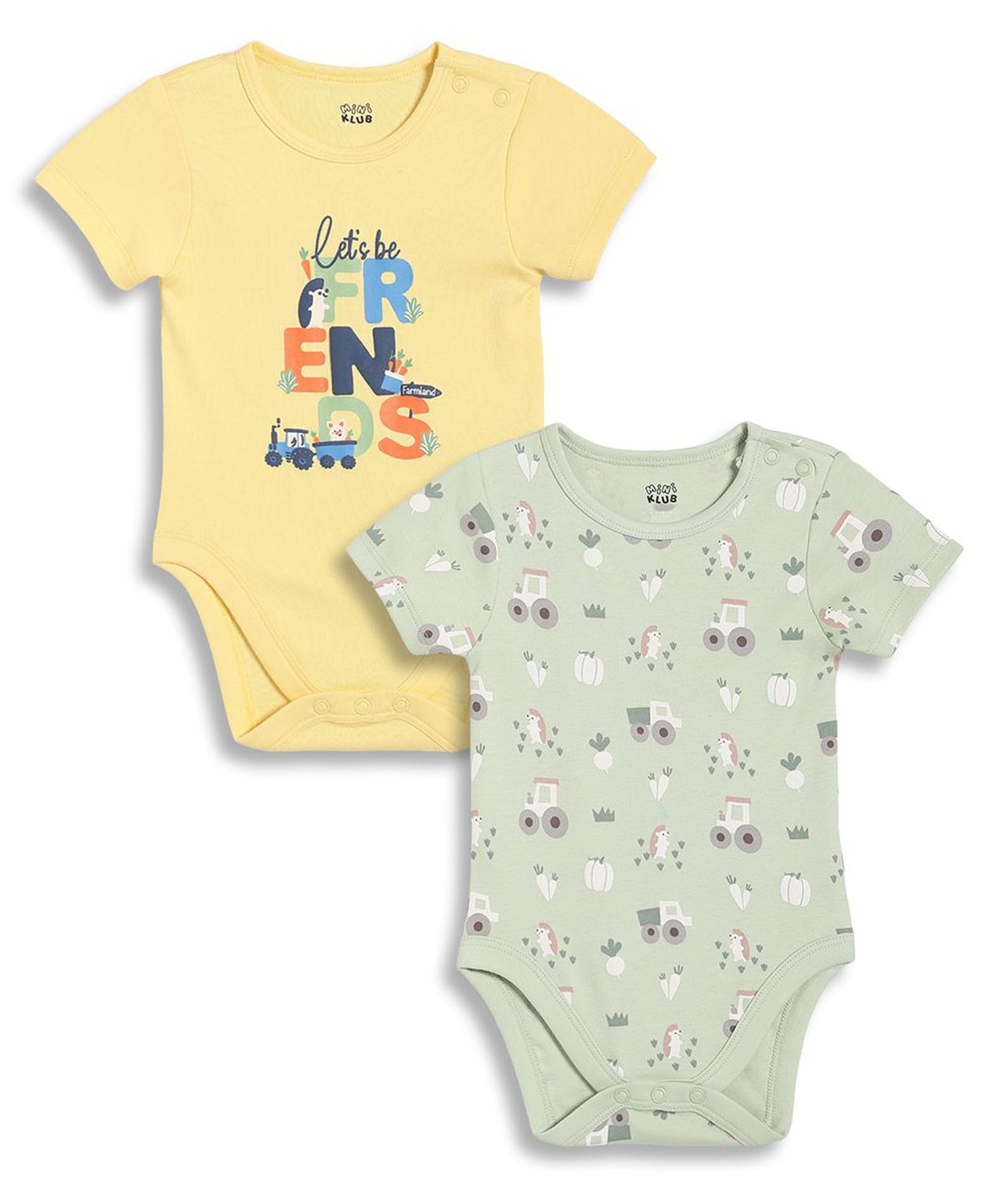 MINI KLUB Cotton Knit Pack Of 2 Half Sleeves Hedgehog & Friends Text Printed Onesie - Yellow & Green-image-10
