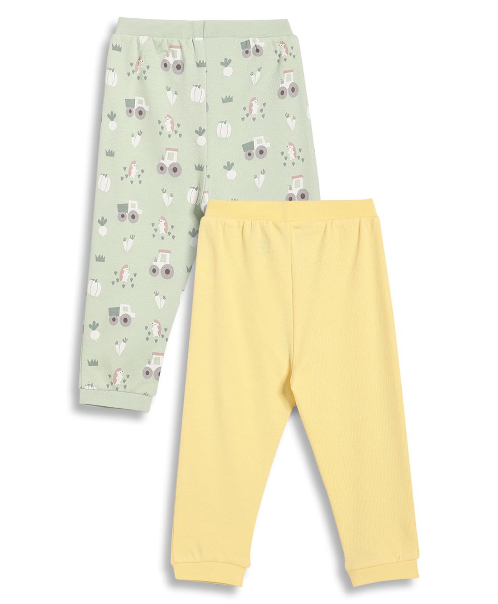 MINI KLUB Cotton Knit Pack Of 2 Solid & Vehicle Printed Pants - Yellow & Green-picture-32