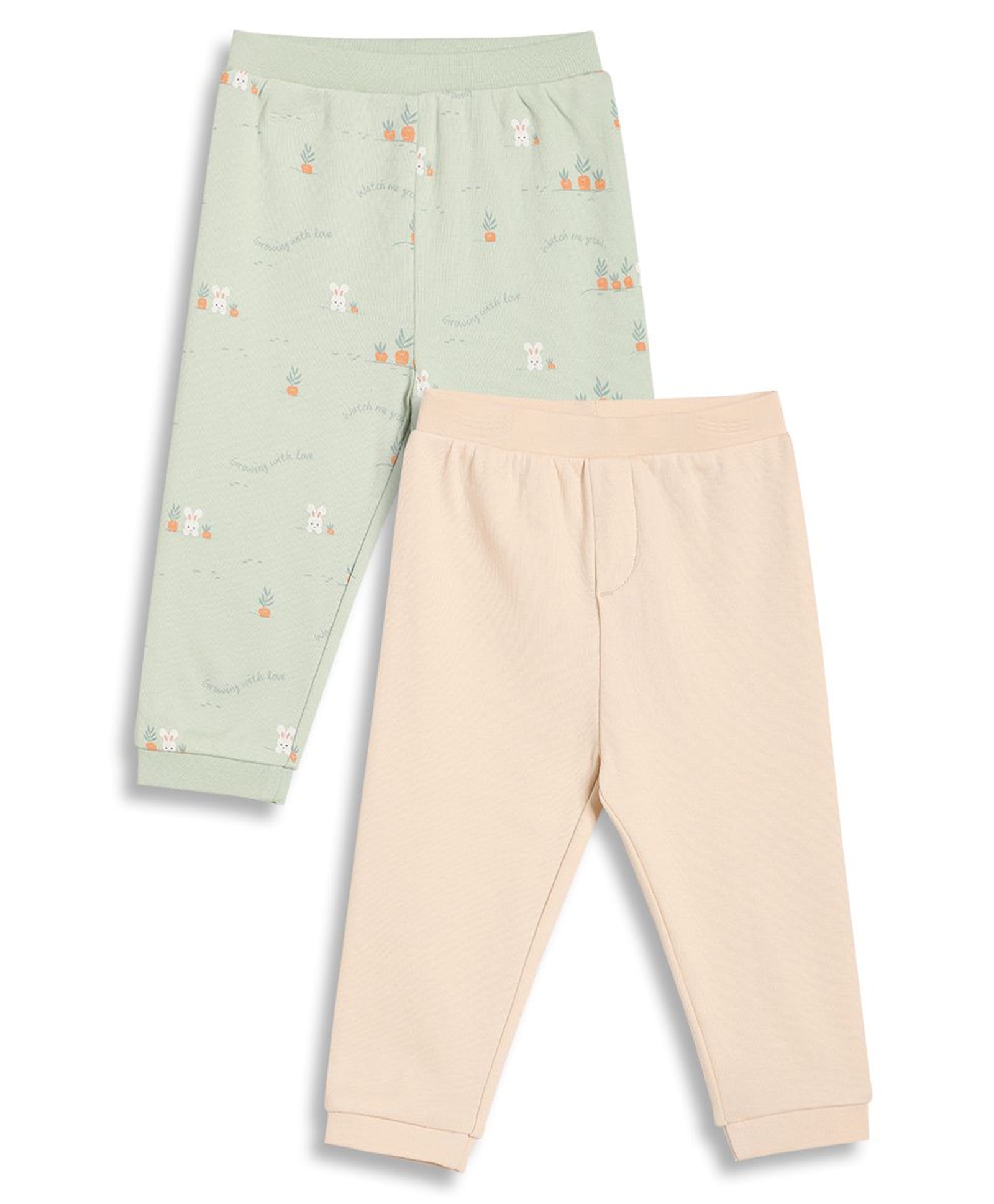 MINI KLUB Cotton Knit Pack Of 2 Solid & Bunnies Printed Pants - Peach & Green-picture-10