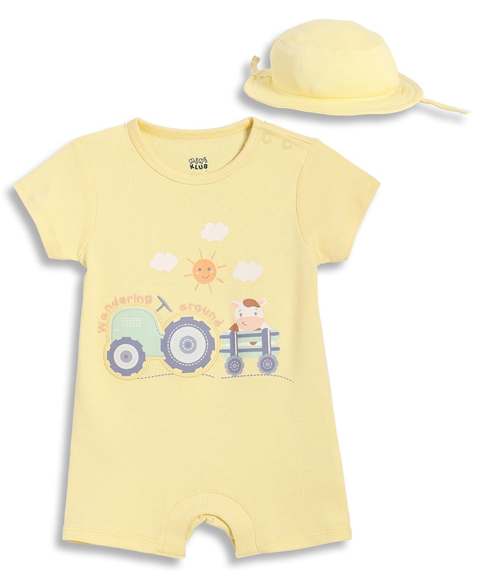 MINI KLUB Cotton Woven Half Sleeves Typography Embroidered Romper With Cap - Yellow-picture-46