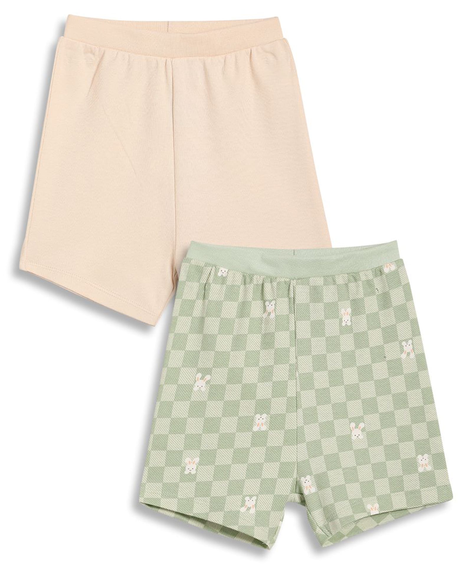 MINI KLUB Cotton Woven Pack Of 2 Solid & Checked Shorts - Green & Pink-image-10