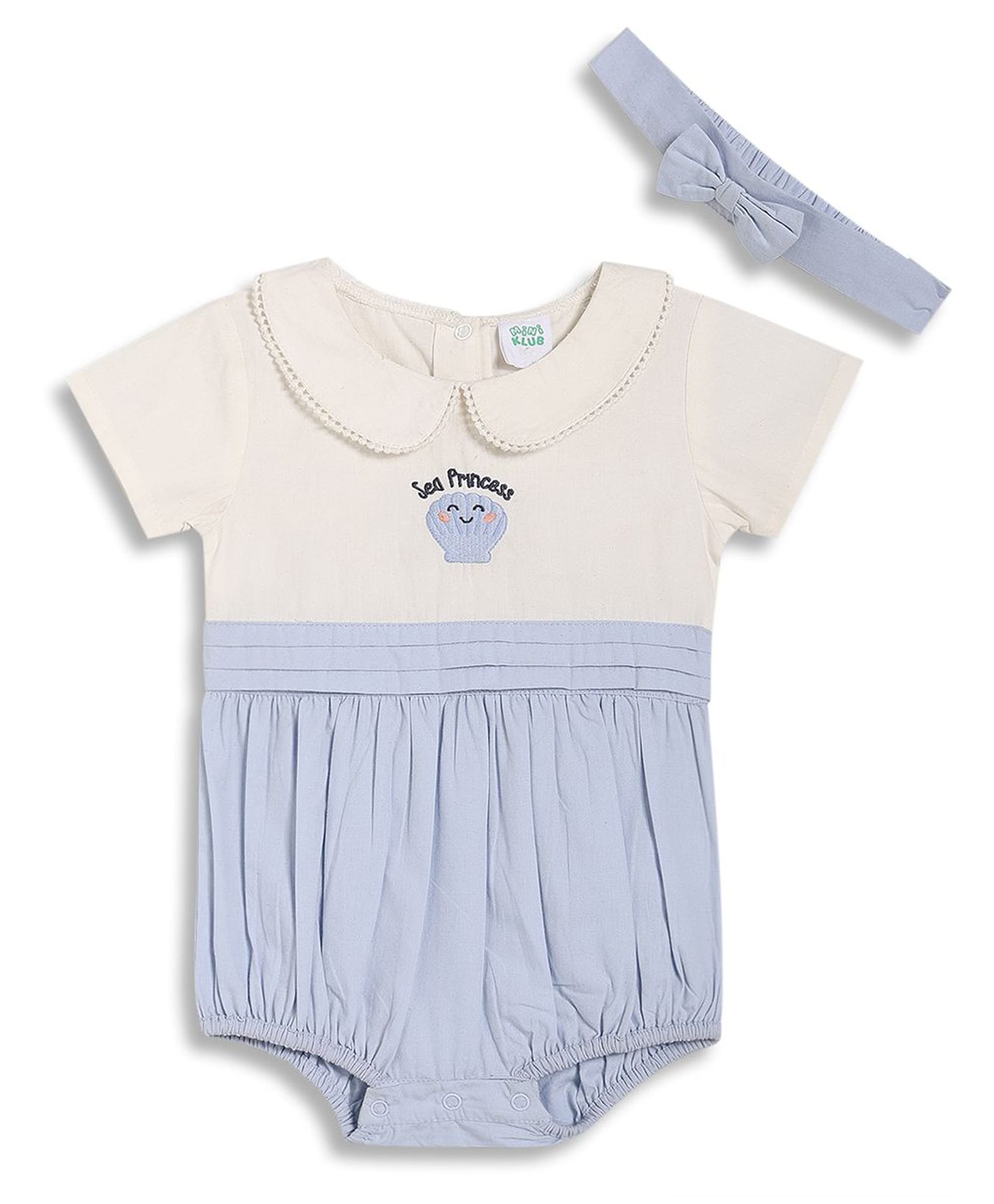 MINI KLUB Cotton Woven Half Sleeves Sea Princess Text Embroidered Onesie With Headband - Blue & White-picture-42