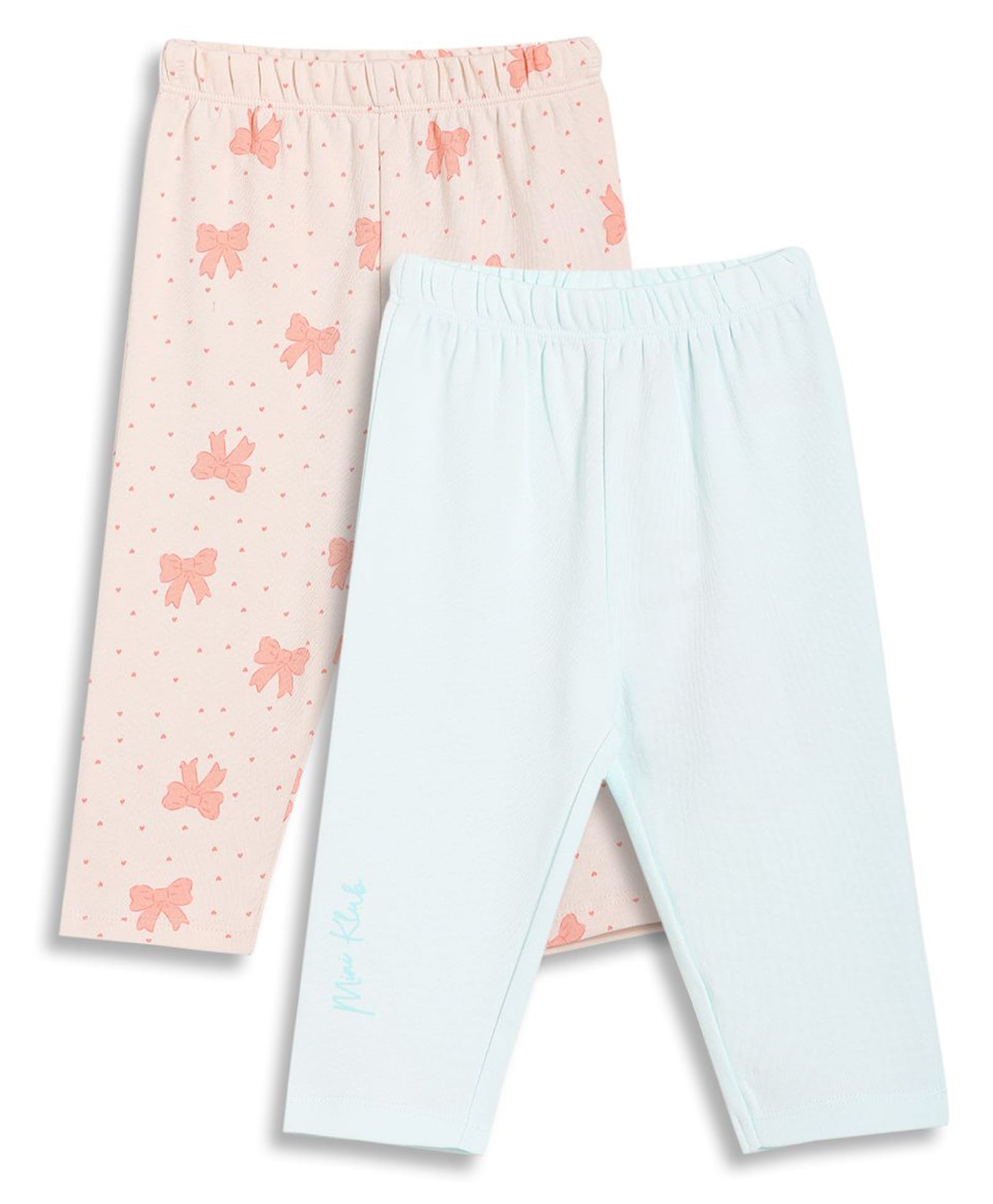 MINI KLUB Cotton Knit Pack Of 2 Solid & Bows Printed Pants - Peach & Blue-picture-38