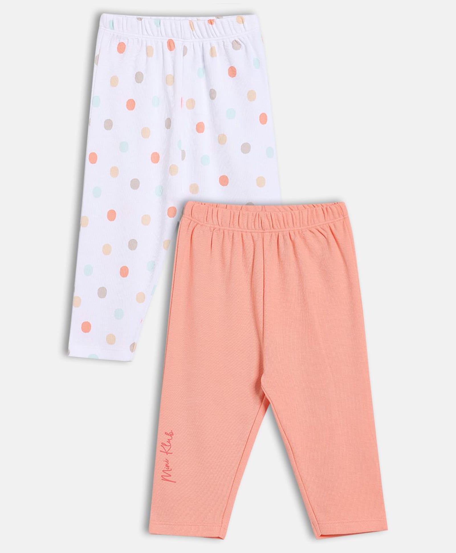 MINI KLUB Cotton Knit Pack Of 2 Solid & Polka Dots Printed Pants - Coral & White-picture-11