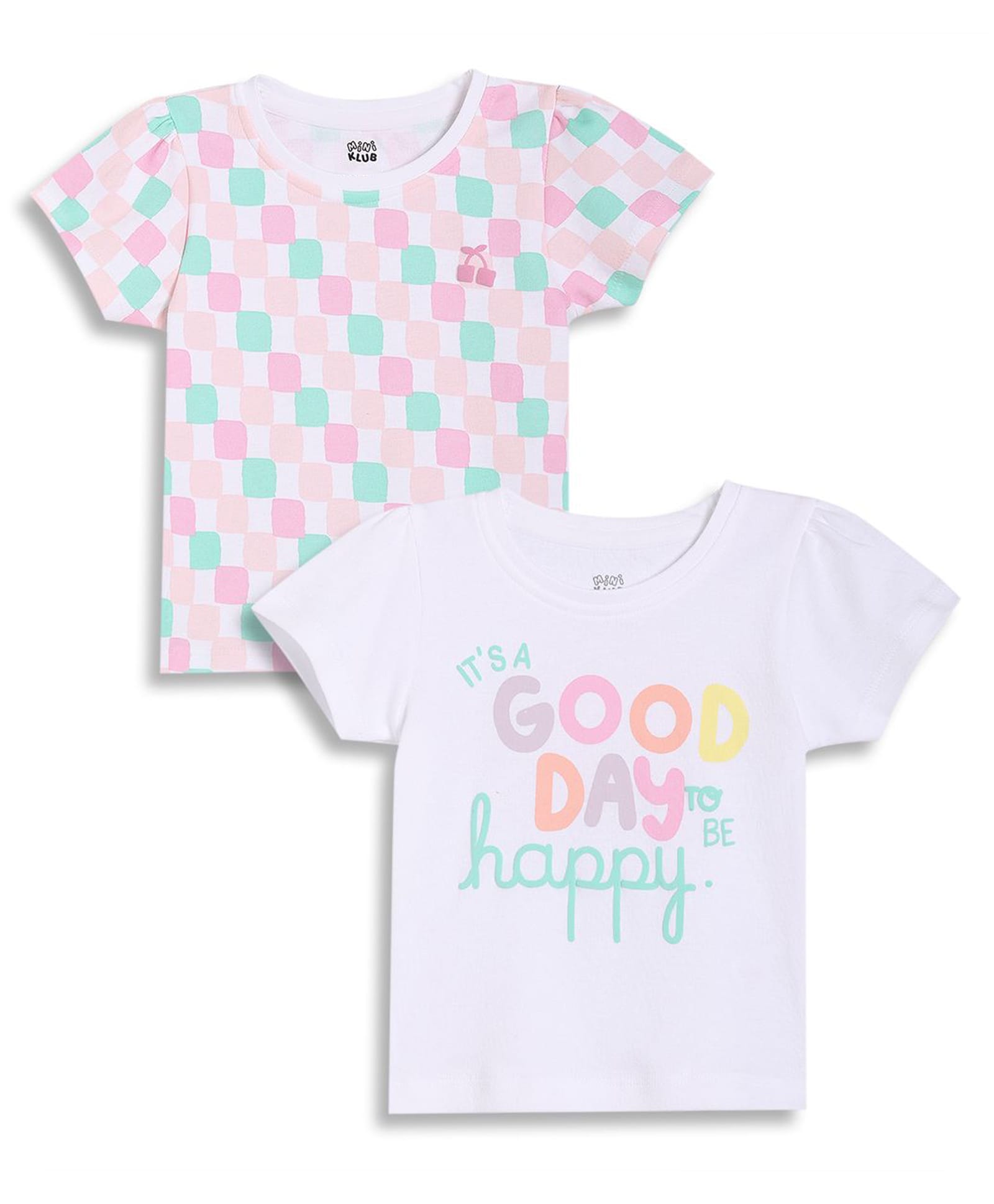 MINI KLUB Cotton Woven Pack Of 2 Half Sleeves Geometric & Typography Printed Tops - White-picture-24
