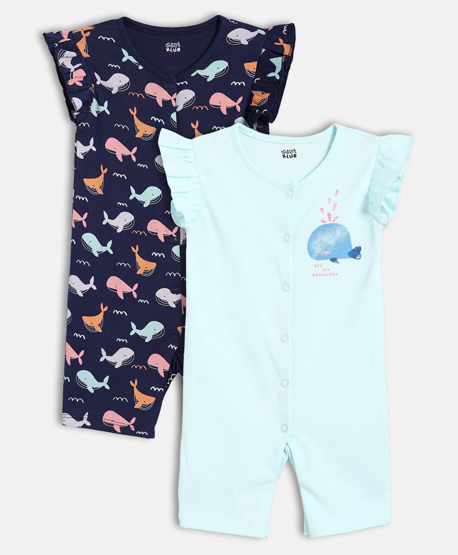 MINI KLUB Cotton Knit Pack Of 2 Half Sleeves Dolphin Printed Rompers - Blue & Navy Blue-picture-7