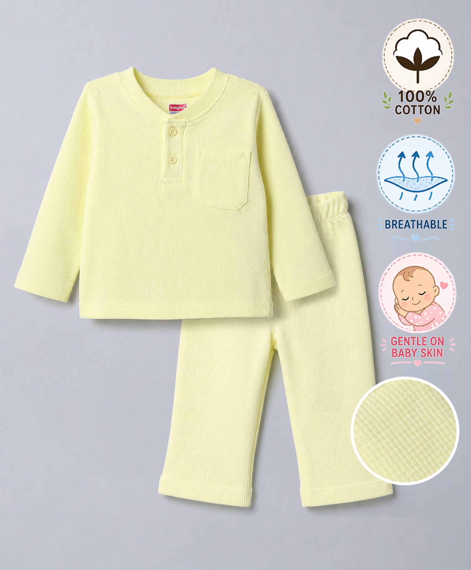 Babyhug Cotton Waffle Knit Full Sleeves Solid Textured Co-Ords T-Shirt & Pyjama Night Suit - Light Green-image-39