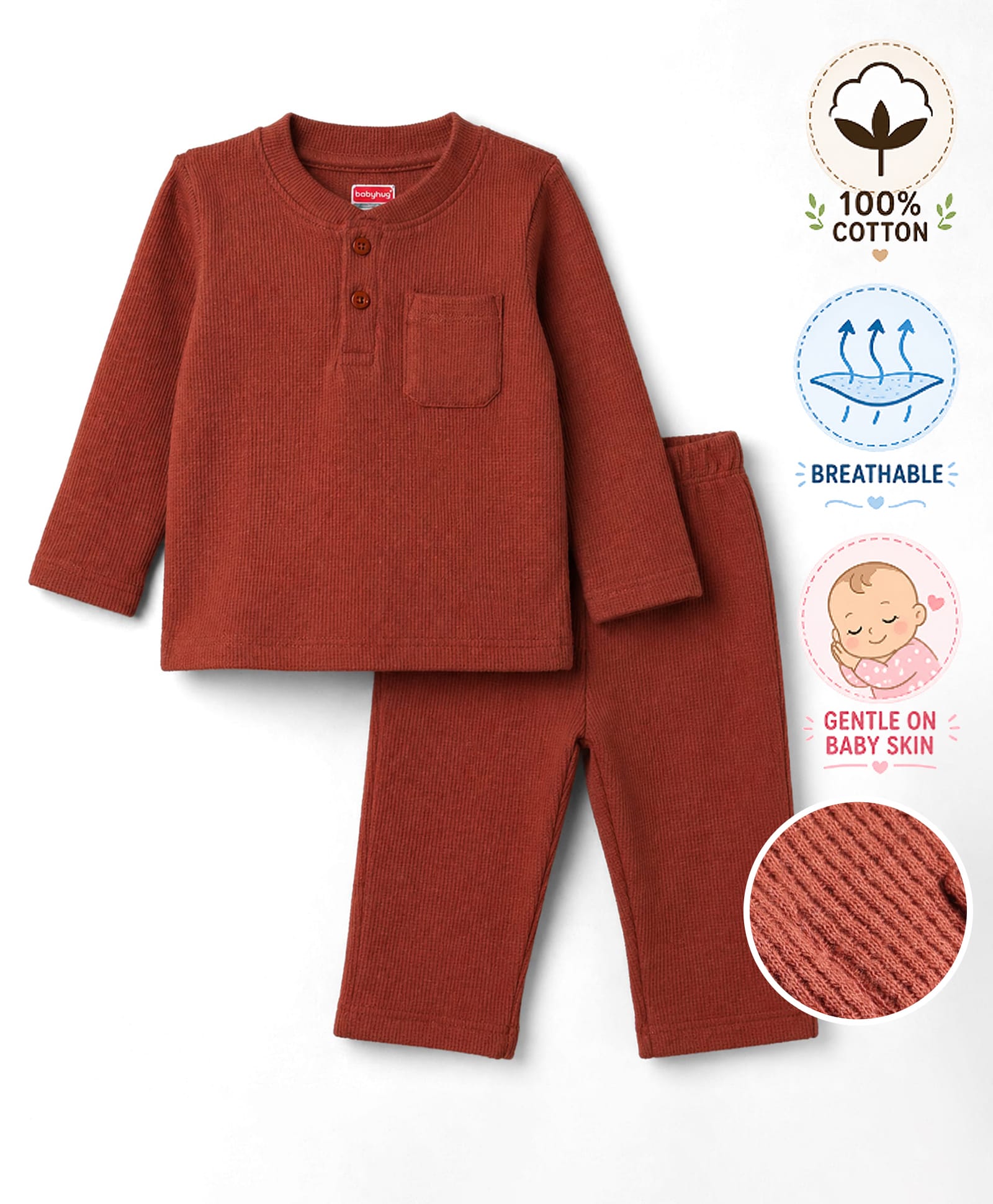 Babyhug Cotton Waffle Knit Full Sleeves Solid Textured Co-Ords T-Shirt & Pyjama Night Suit - Brown-image-5