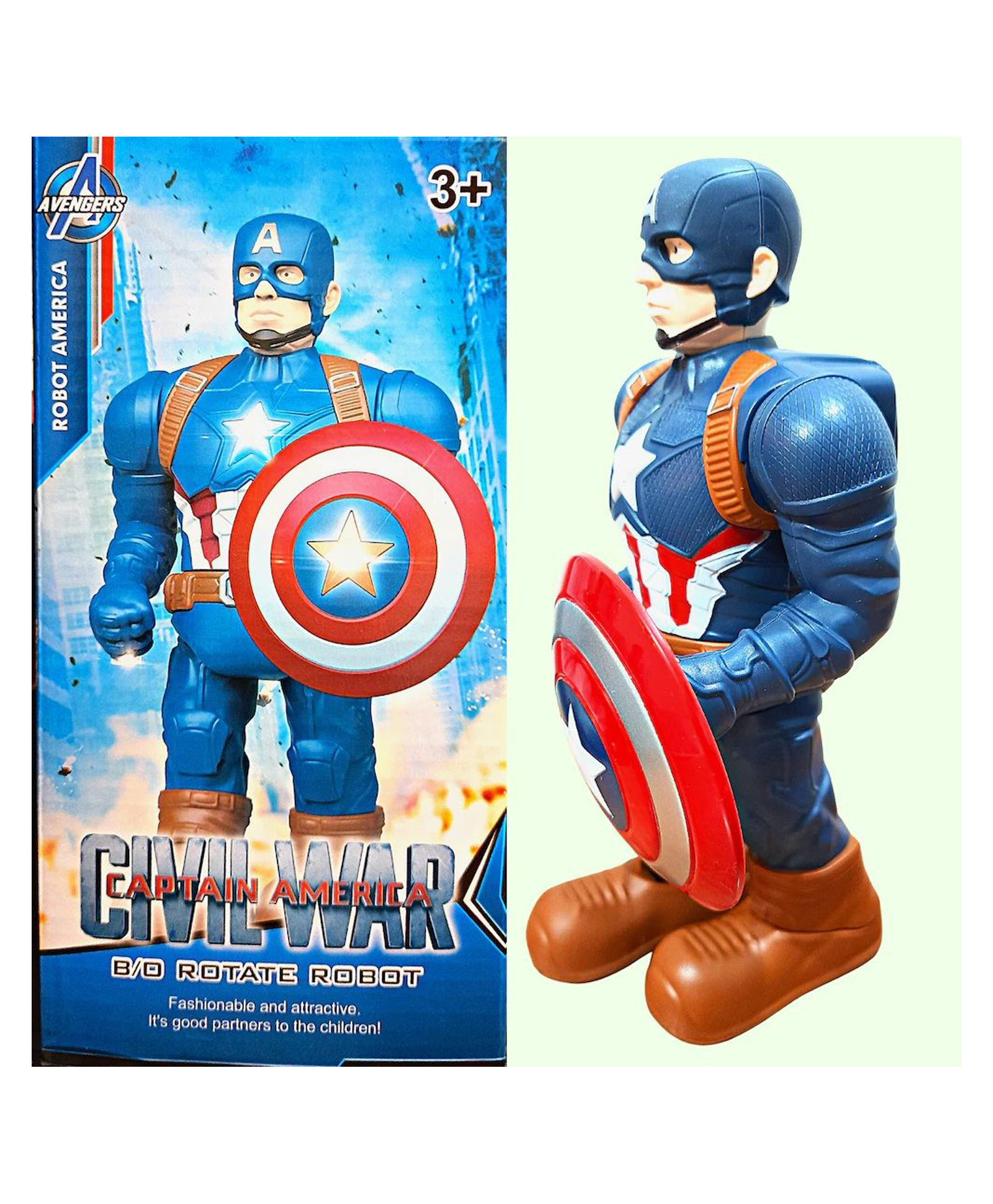 Sanjary Superhero Captain America Rotating Robot Toy with Shield Light and Music, Action Figure Gift for Kids - Color & Design May Vary-image-1