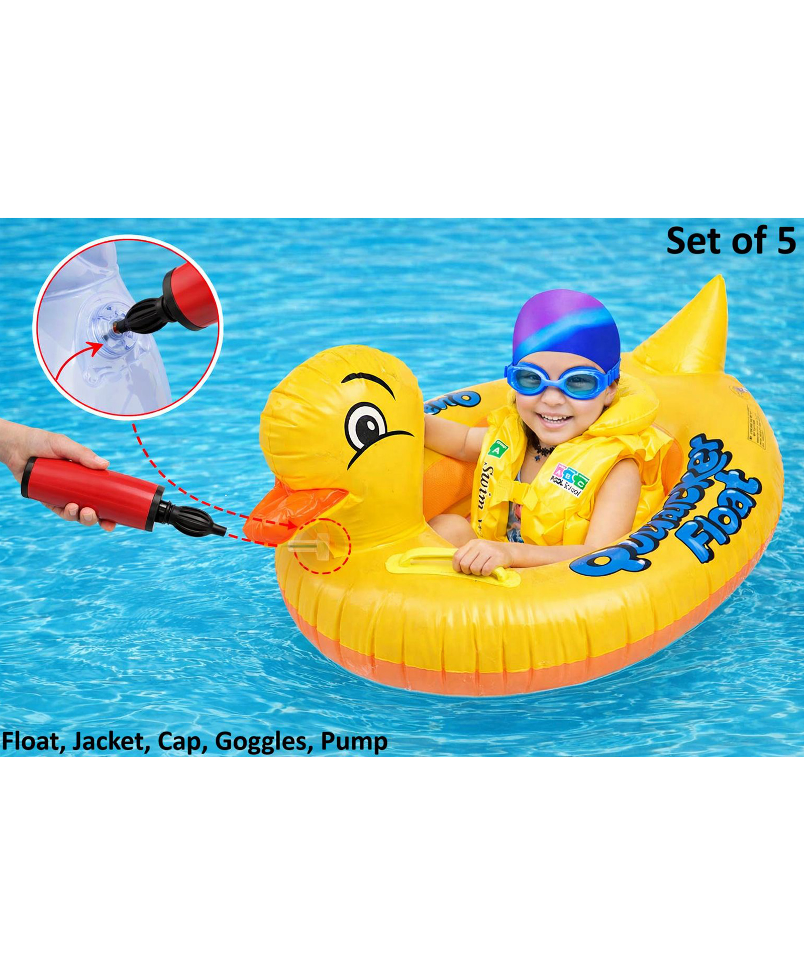 Sanjary Set of 5 Inflatable Duck Baby Pool Float with Pump, Toddler Swimming jacket, Cap, Goggless and pump for Kids Summer Water Float for Pool Beach Fun color design may vary-image-22