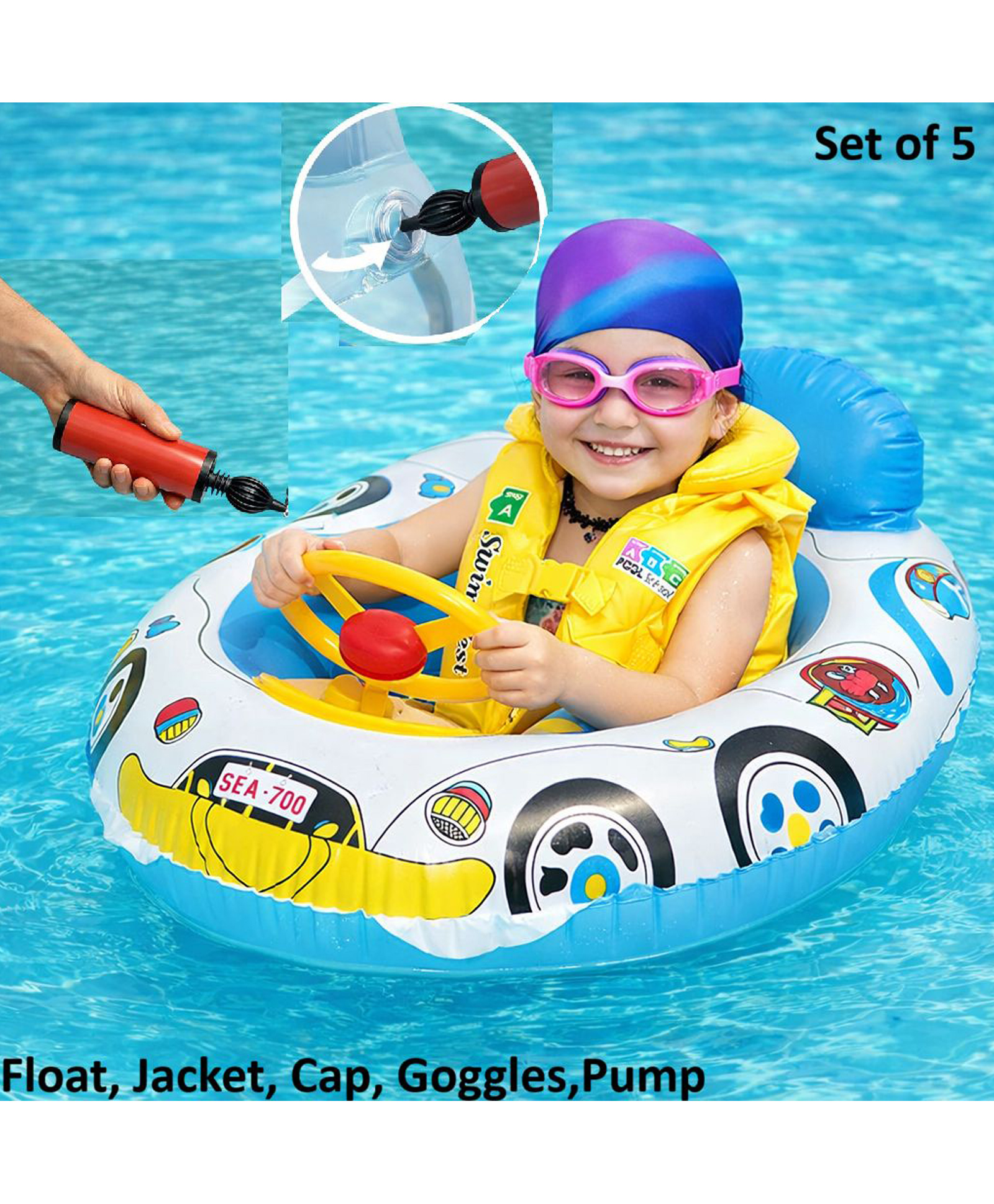 SANJARY Inflatable Duck Baby Pool Float with Hand Pump, Toddler Swim Jacket, Goggles, Cap and pump Safe Kids Swimming Trainer for Summer Pool Fun - Color & Design May Vary-image-31