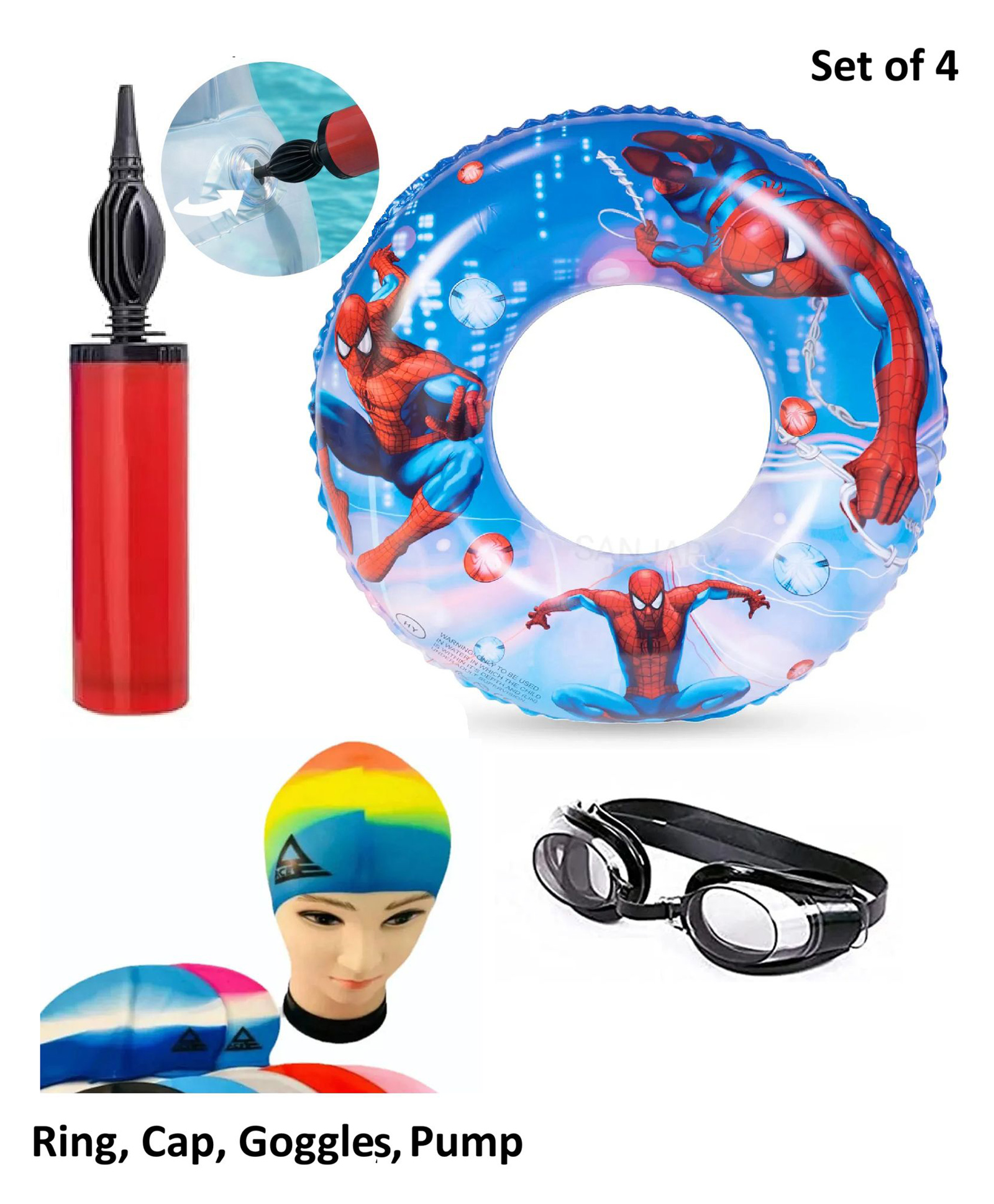 Sanjary Kids Spider Hero Swim Ring Set with Pump, Swimming Cap and Goggless, Inflatable Pool Float for Summer Water Fun Pack of 4 - Color & Design May Vary-image-47