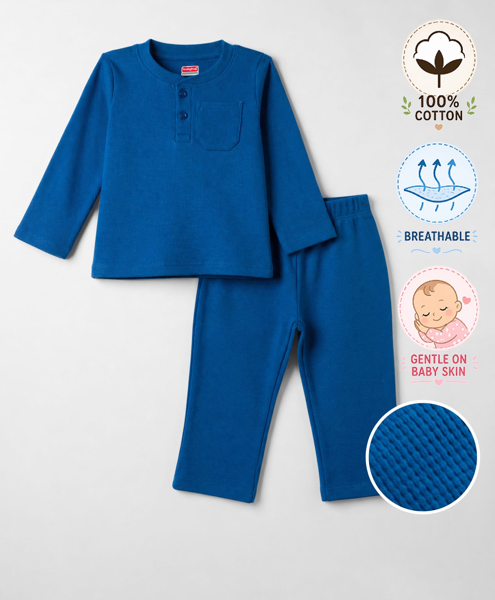 Babyhug Cotton Knit Full Sleeves Solid T-Shirt & Pyjama Night Suit - Navy blue-image-4