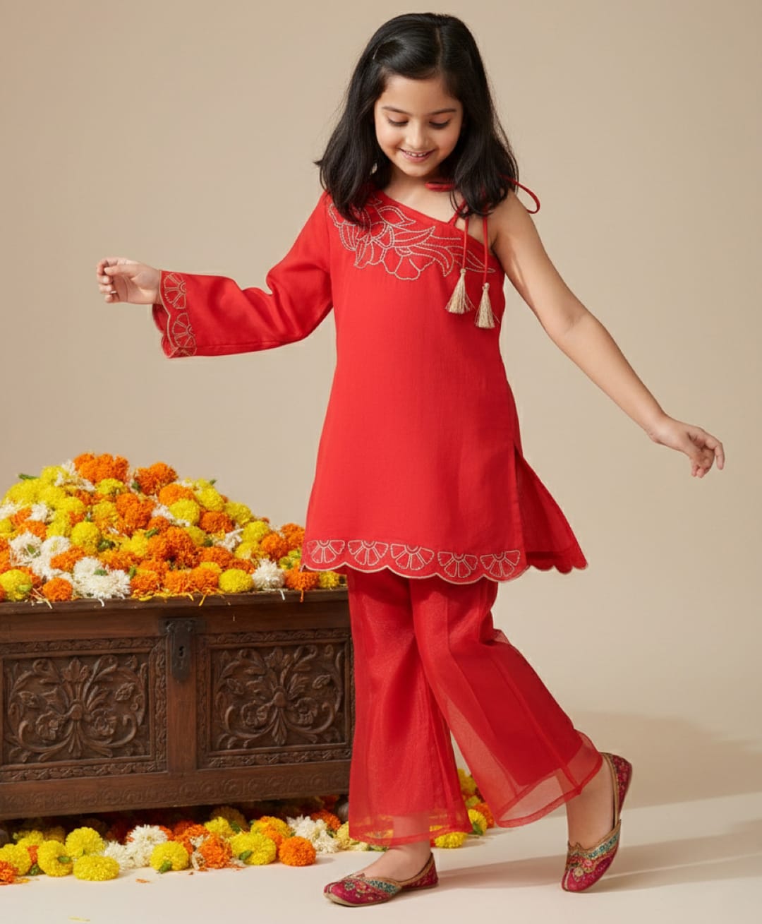 Tales & Stories Woven Sleeveless Floral Embroidered Top & Pants Set - Red-image-29