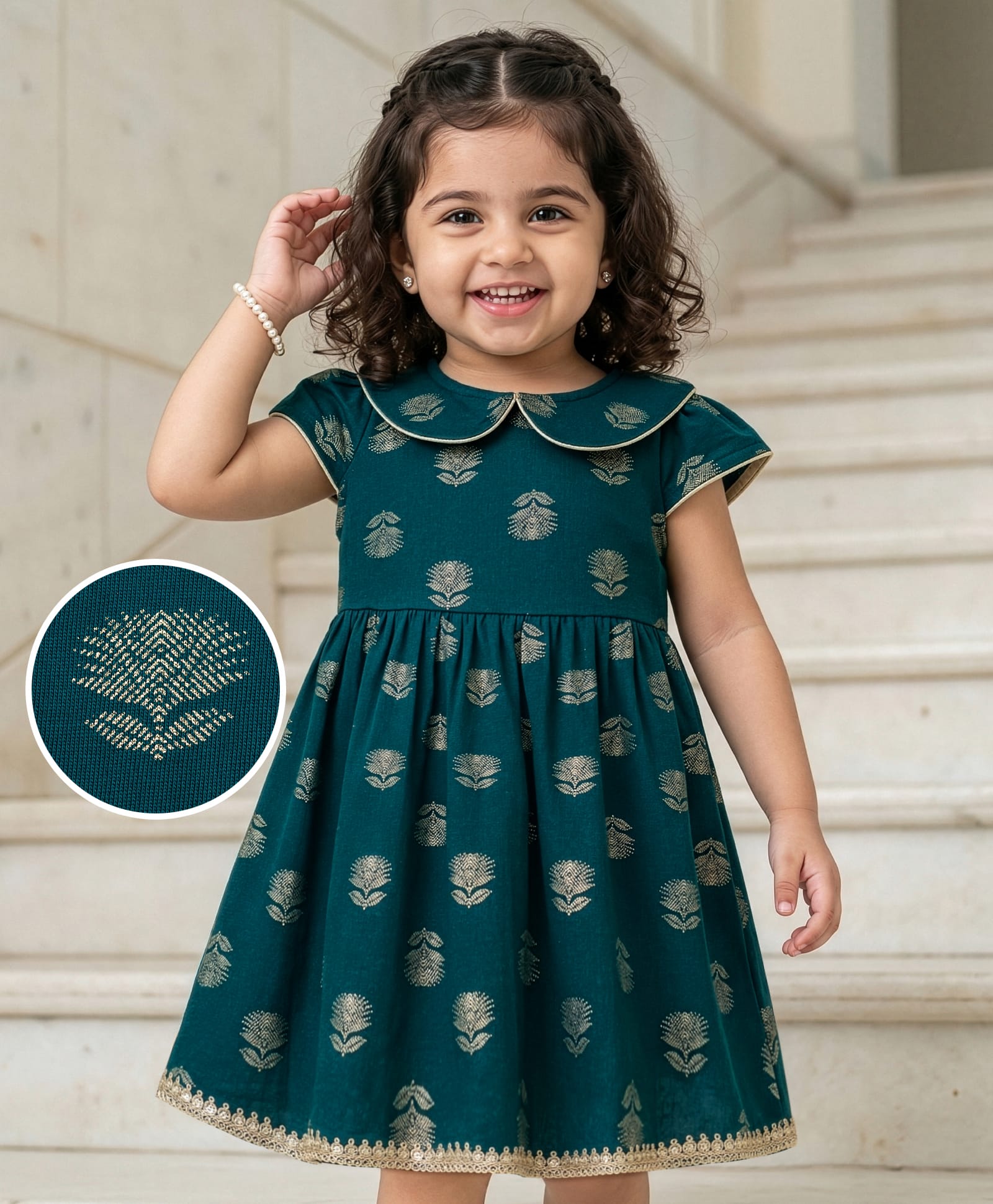 EARTHY TOUCH Cotton Knit Half Sleeves Ethnic Dress with Foil Floral Print - Teal Blue-image-3