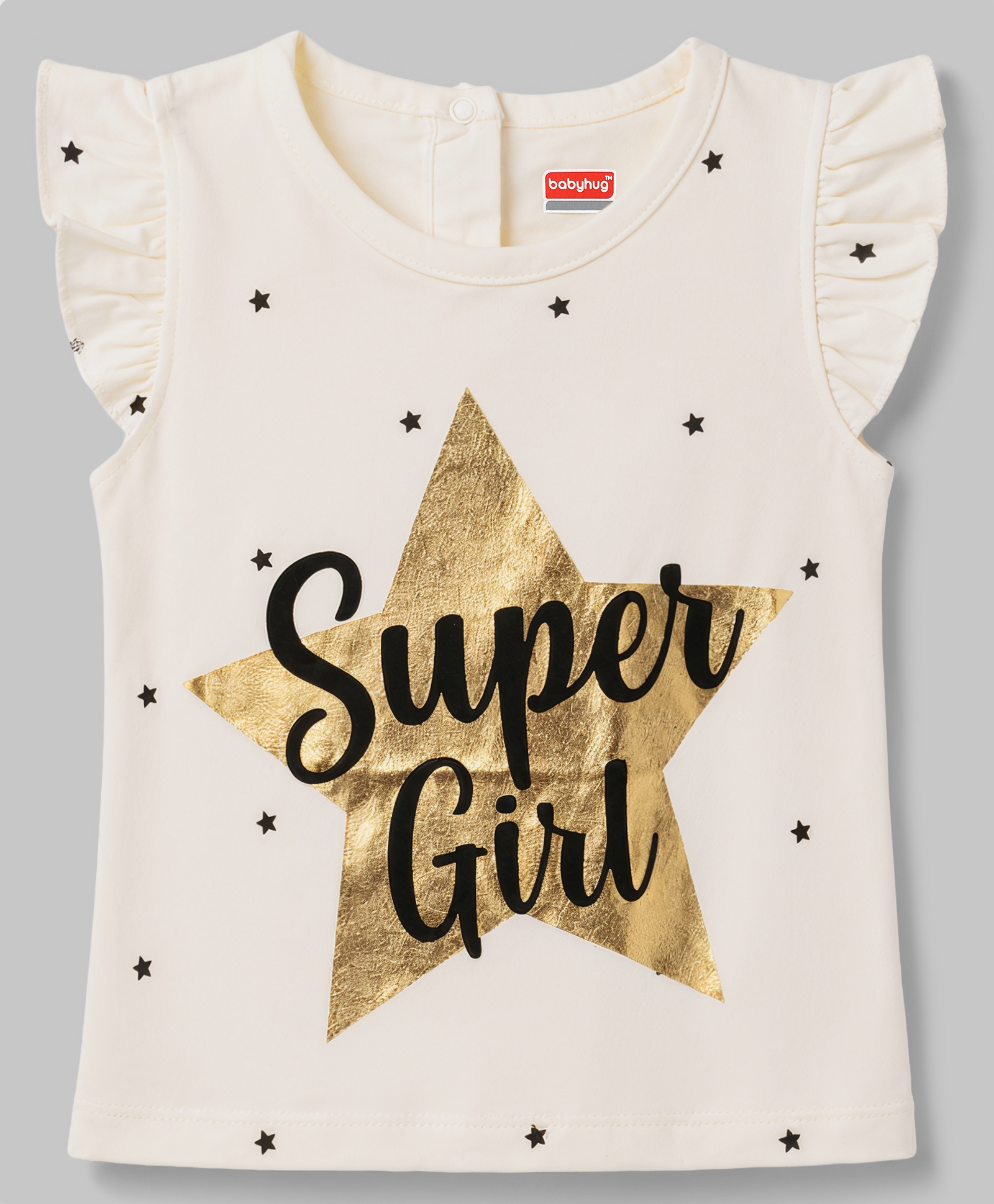 Babyhug Cotton Knit Frill Sleeves T-Shirt with Glitter Star Print - White-picture-26