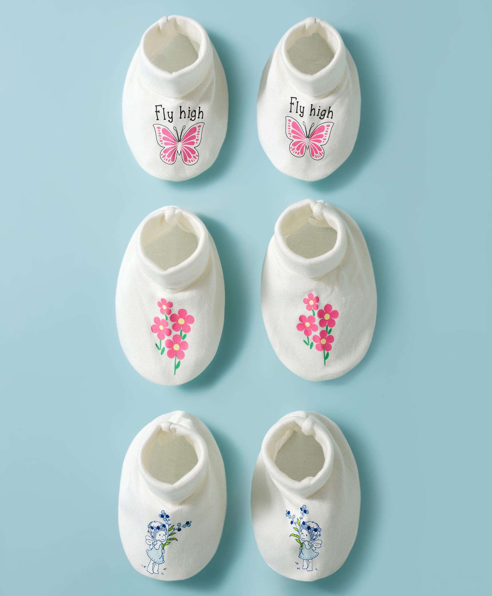 Doodle Poodle 100% Cotton Interlock Knit Butterfly & Floral Printed Mittens Pair Of 3 - White-picture-9