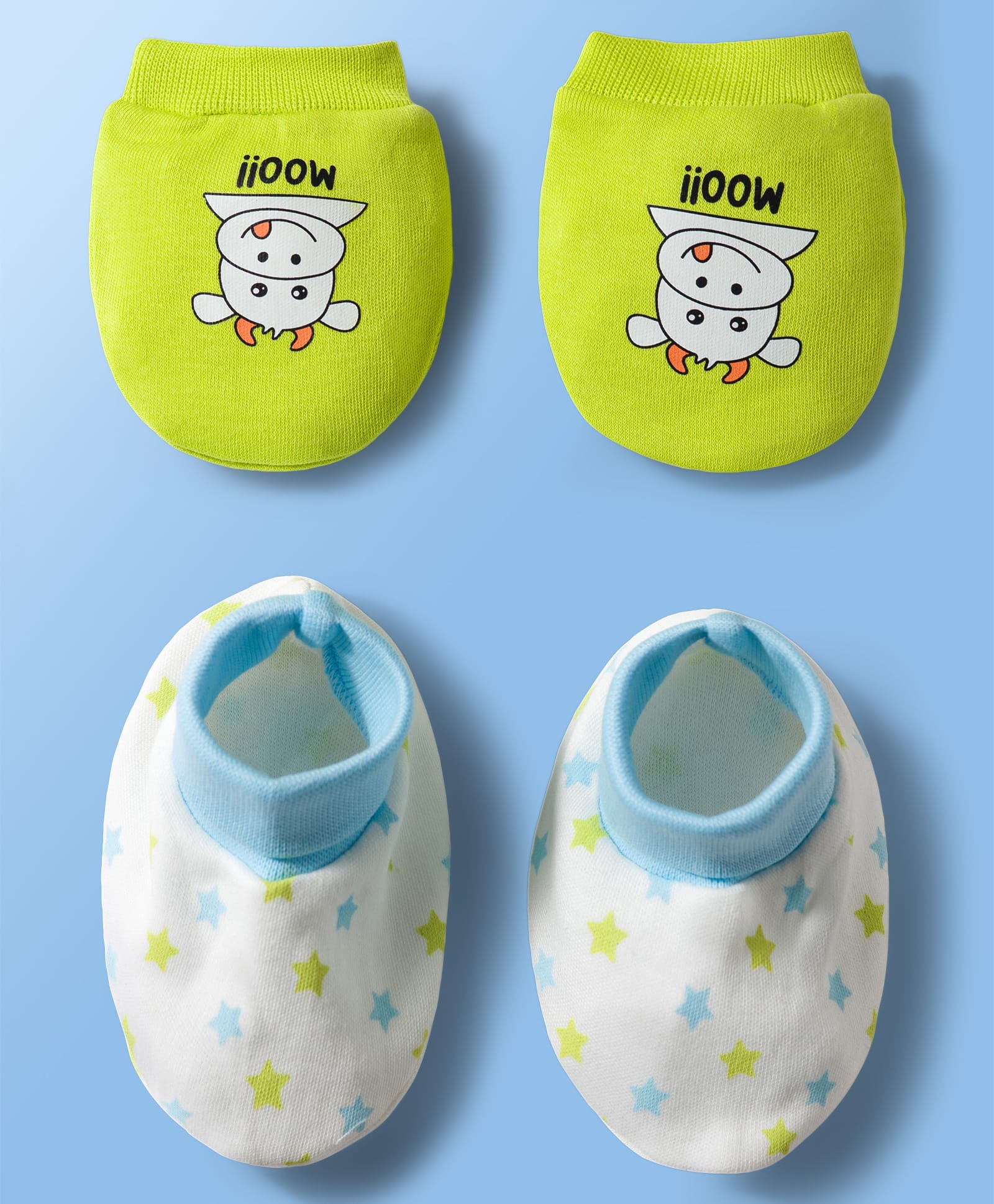Doodle Poodle 100% Cotton Interlock Knit Cow Printed Mittens & Star Printed Booties Set - Lime Green & White-picture-16