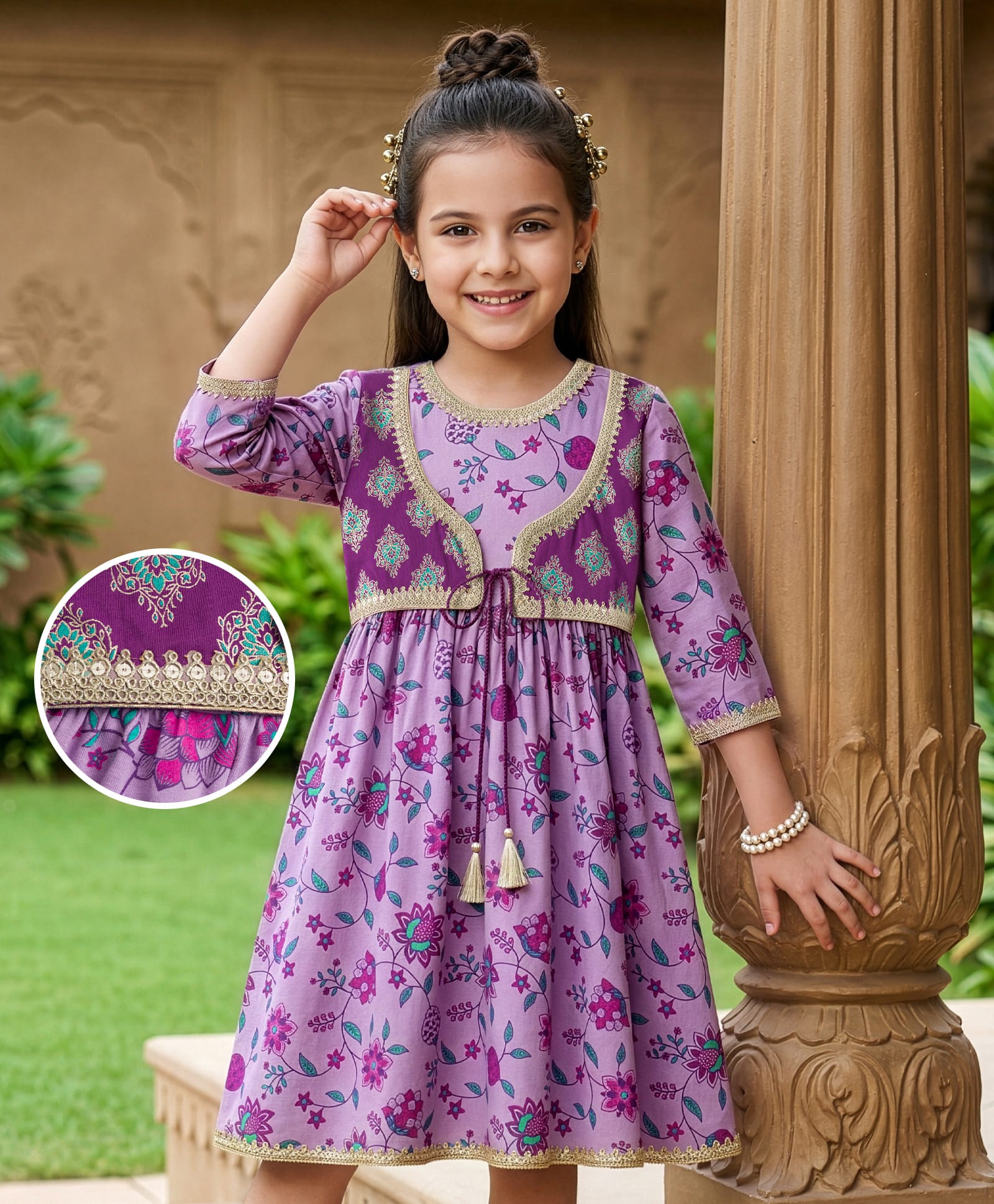 EARTHY TOUCH Cotton Knit Three Fourth Sleeves Ethnic Dress with Floral Print - Lavender-image-33
